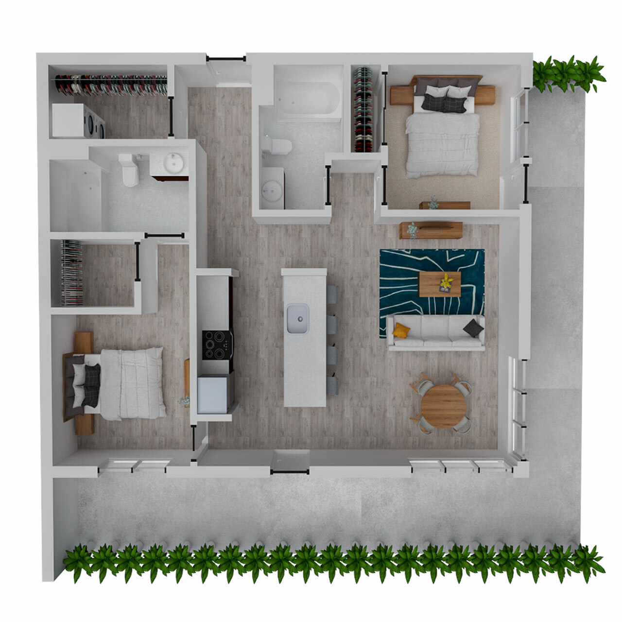 Modern apartment floor plan showcasing 2 bedrooms, an open-concept kitchen, and a cozy living area, complemented by stylish decor and efficient layout.