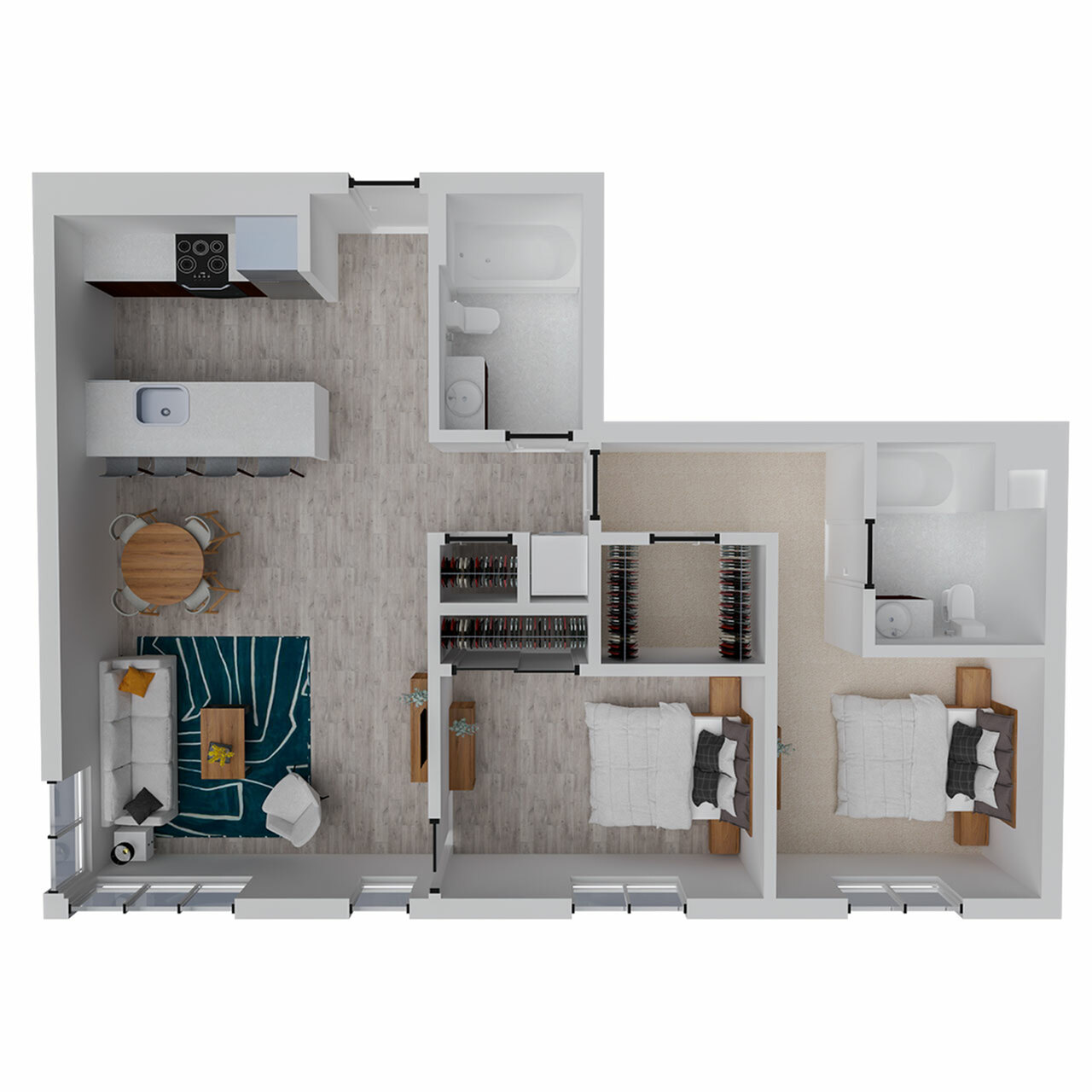 Modern 2D floor plan showcasing two cozy bedrooms, a stylish open-plan kitchen, and a welcoming living area with ample natural light.