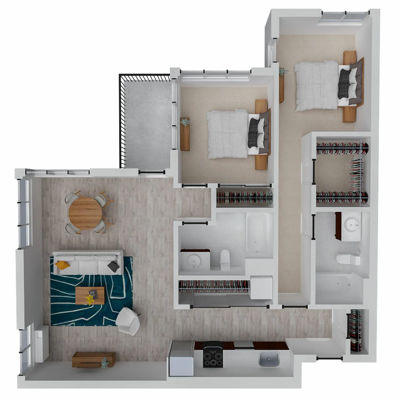 Modern 3D floor plan showcasing 2 spacious bedrooms, open living and dining area, contemporary kitchen, and two elegant bathrooms.
