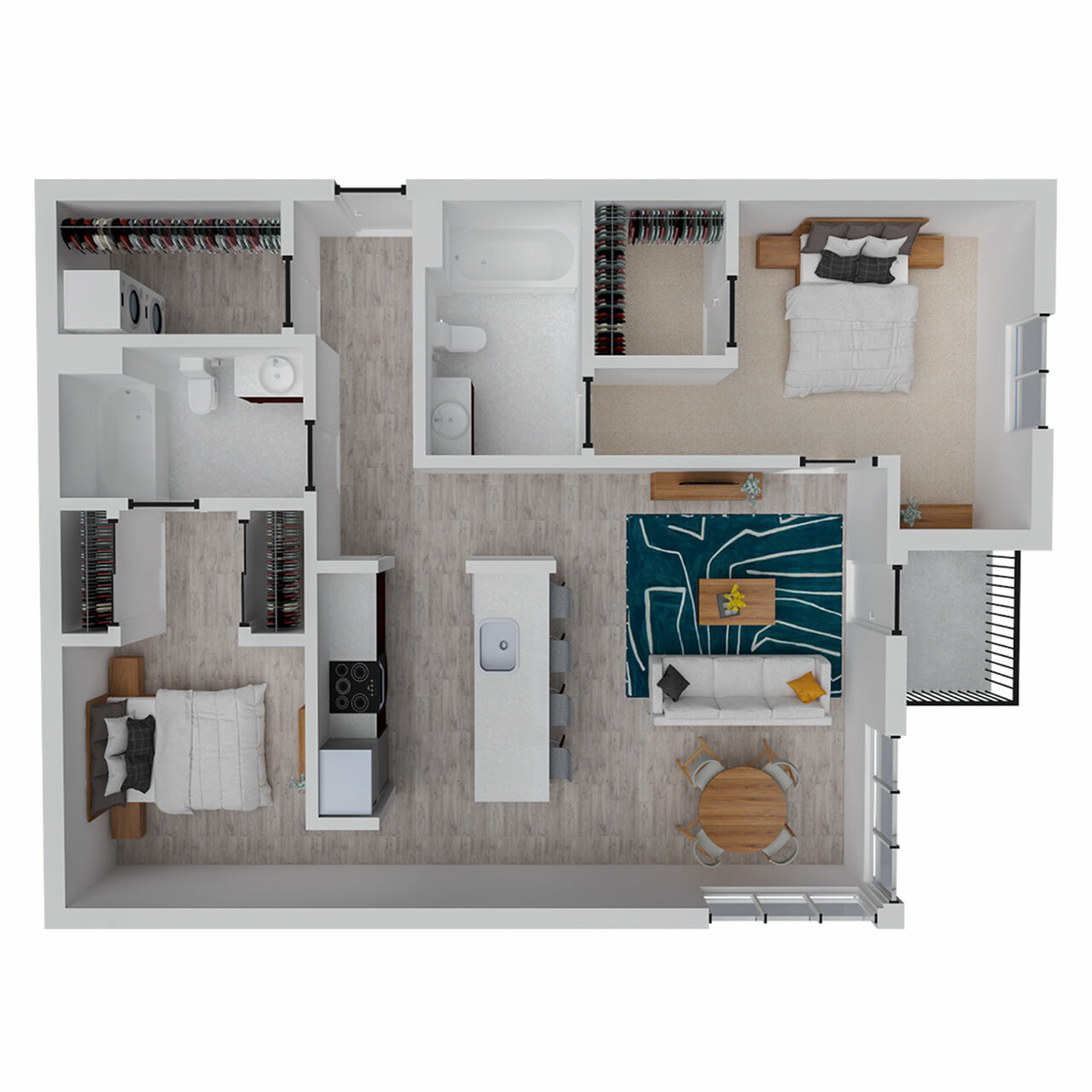 Modern 3D floor plan featuring two spacious bedrooms, an open-concept living area with sleek kitchen island, and a chic dining space. Includes a well-appointed bathroom and convenient laundry room.