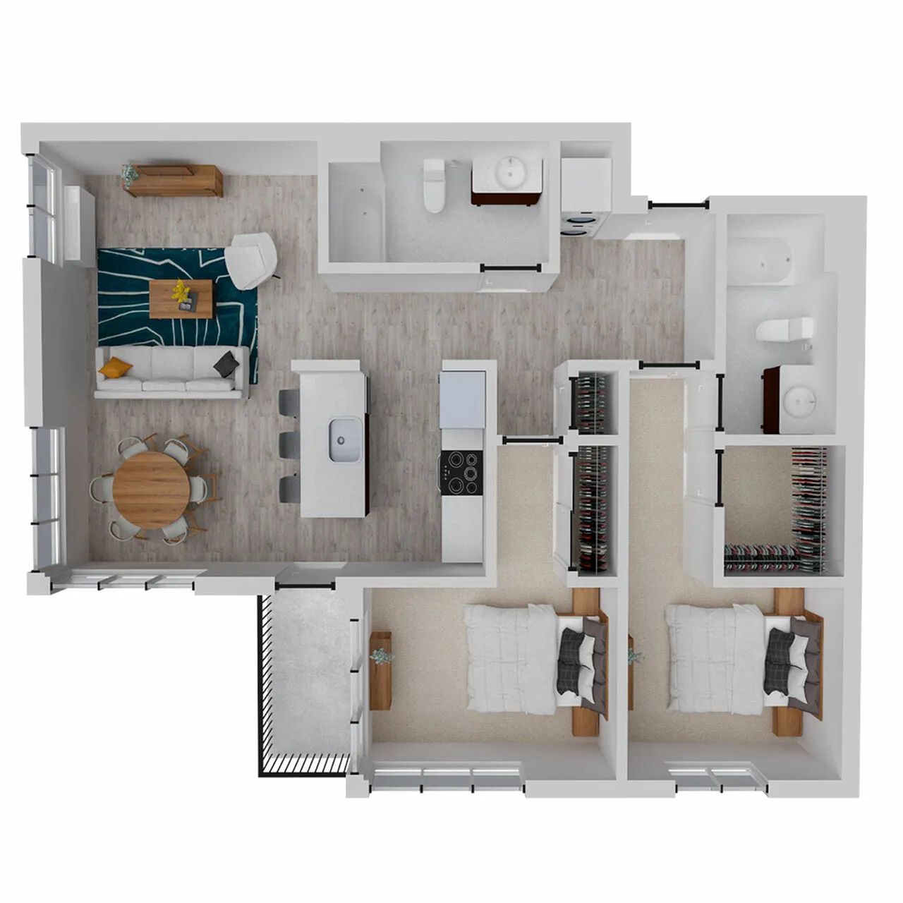 Chic 3D floor plan showcasing 2 bedrooms, modern kitchen, open-concept living and dining area, and two bathrooms, complete with designated closet spaces.