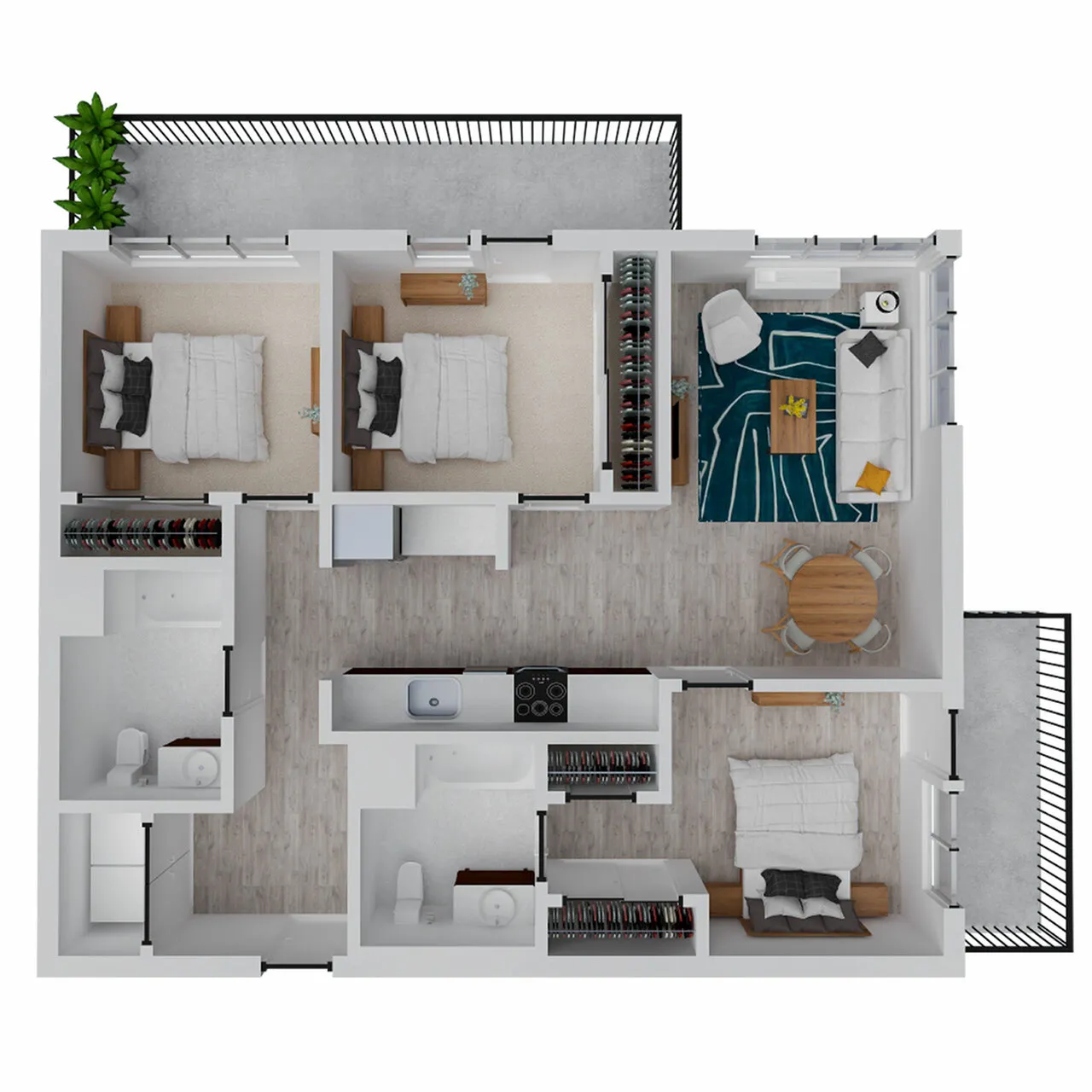 Modern 3D floor plan featuring 3 elegant bedrooms, an open living area with stylish decor, spacious kitchen, and two contemporary bathrooms. Bright spaces and private balconies offer comfort and luxury.