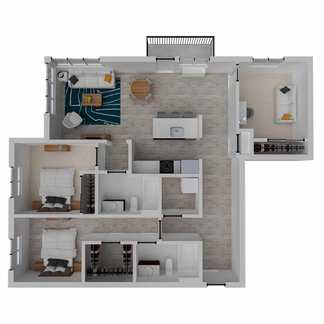 Elegant 3D floor plan showcasing two bedrooms, spacious open kitchen, relaxing living room, and cozy patio.