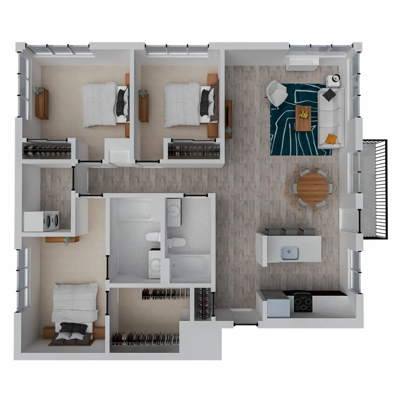 Modern 3D floor plan featuring 3 cozy bedrooms, an elegant open kitchen, and a spacious living-dining area with balcony access, designed for comfort and style.