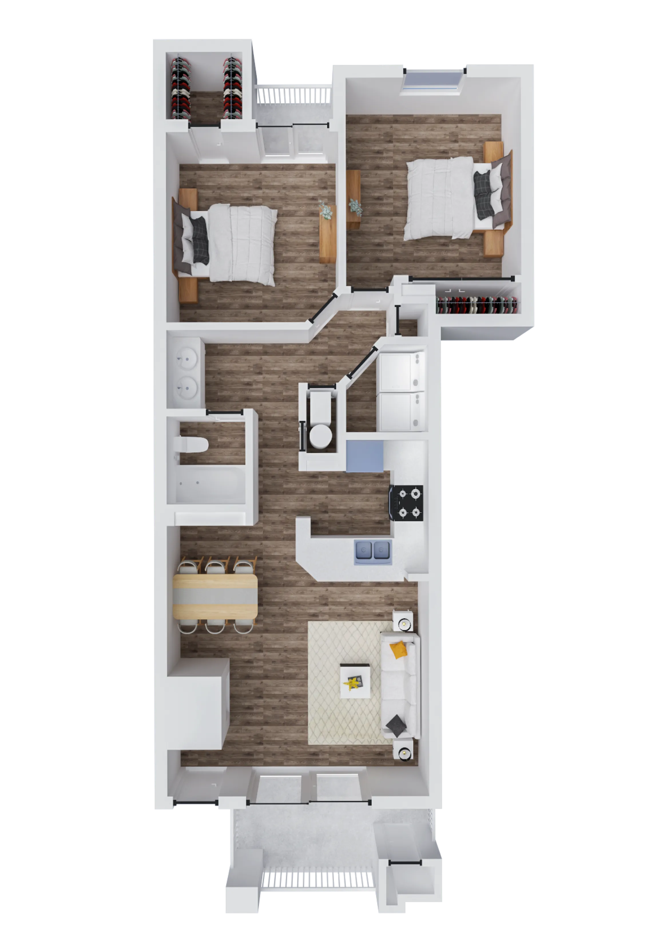 Modern 2D floor plan showcasing 2 cozy bedrooms, elegant bathroom, open kitchen, and inviting living area with a sleek dining space.