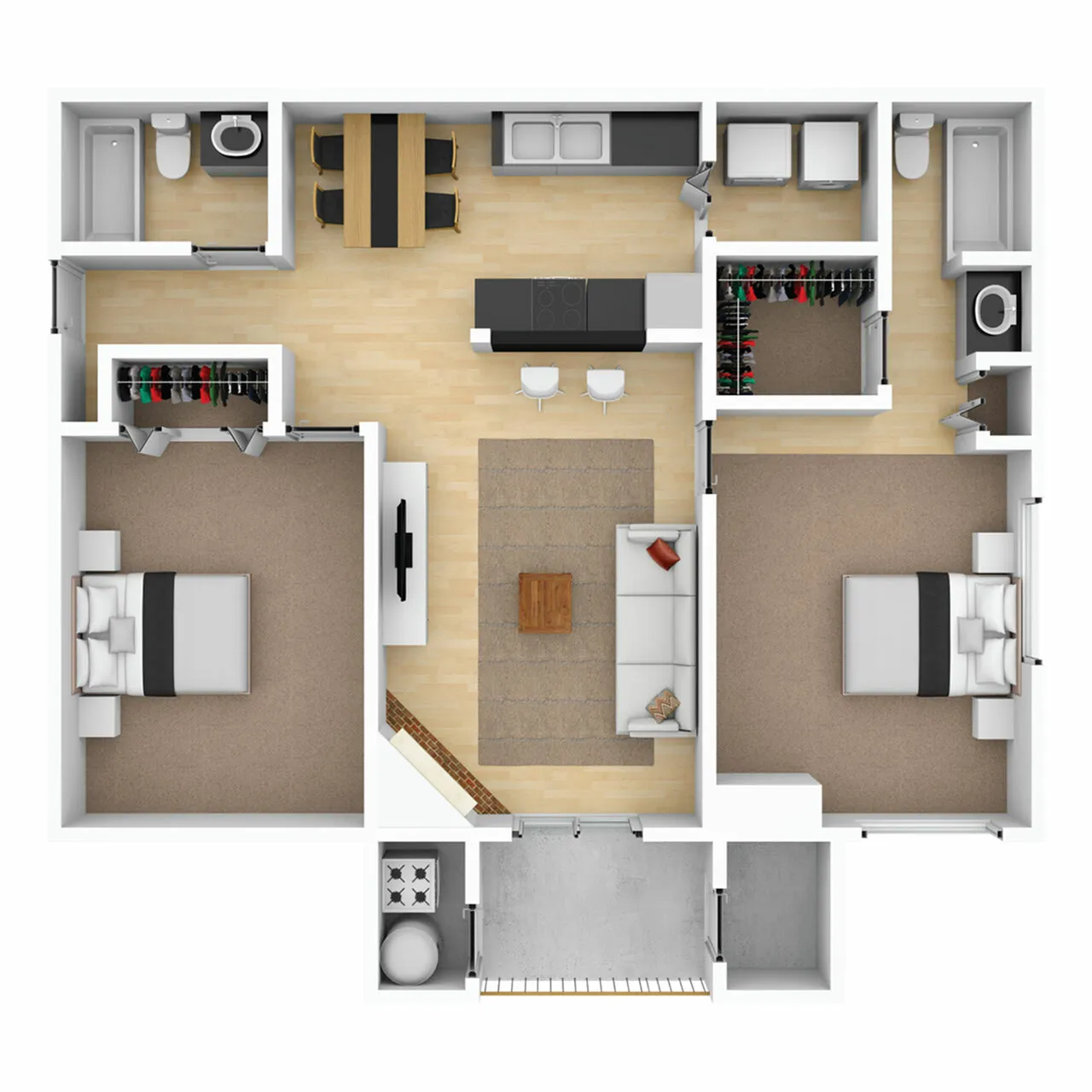 Modern 3D floor plan showcasing two spacious bedrooms, a stylish open kitchen with dining area, cozy living room, and dual bathrooms.