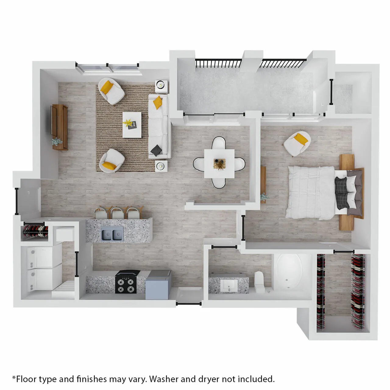 Modern 1-bedroom apartment floor plan with an inviting open-concept living room, sleek kitchen, elegant dining area, spacious bathroom, and private balcony.