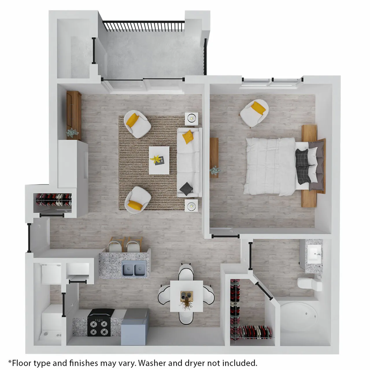 Modern 1-bedroom apartment floor plan with open-concept living room, balcony access, and stylish kitchen adjacent to dining area.