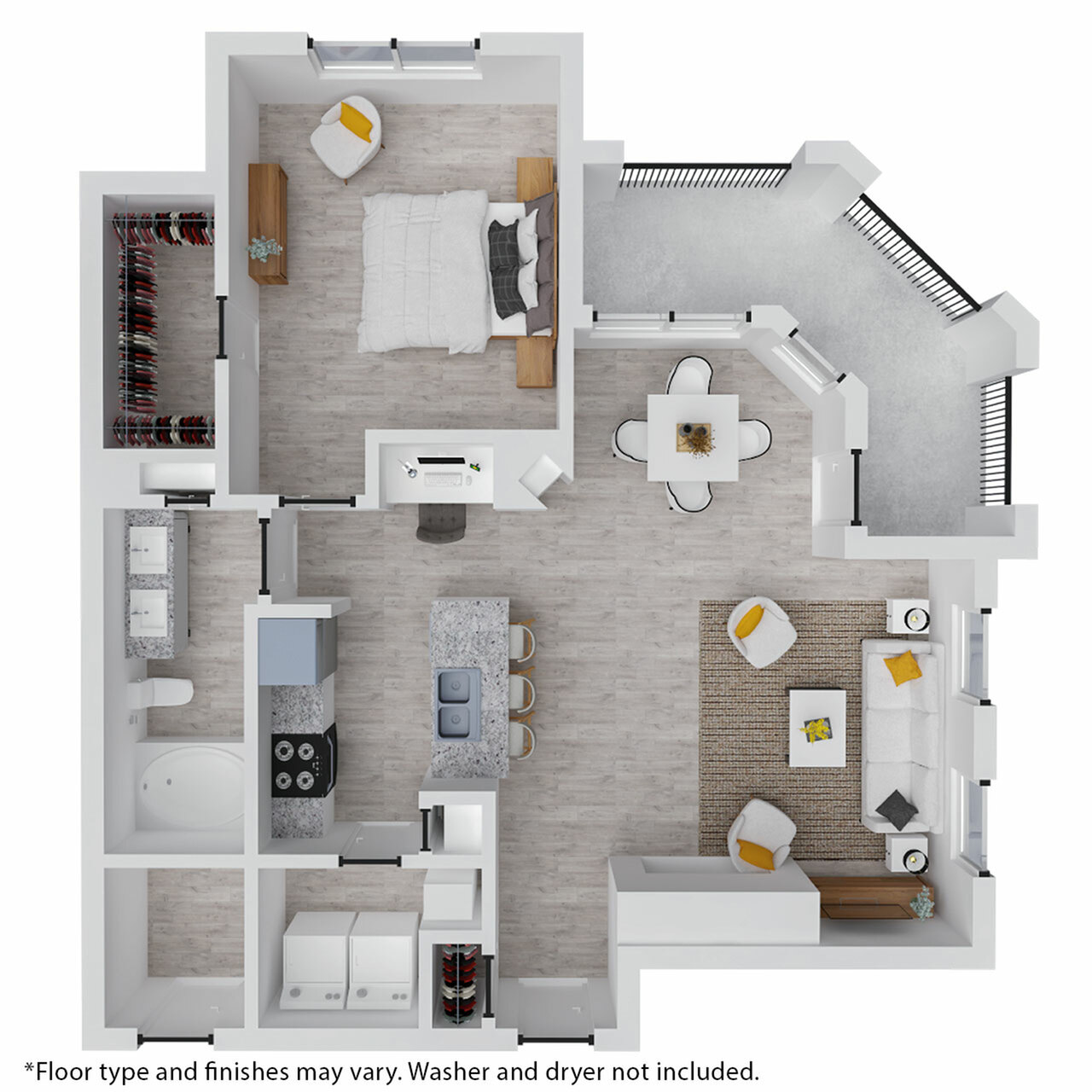 Modern 1-bedroom apartment floor plan featuring an open-concept kitchen and living area, large walk-in closet, and expansive balcony with stylish design.