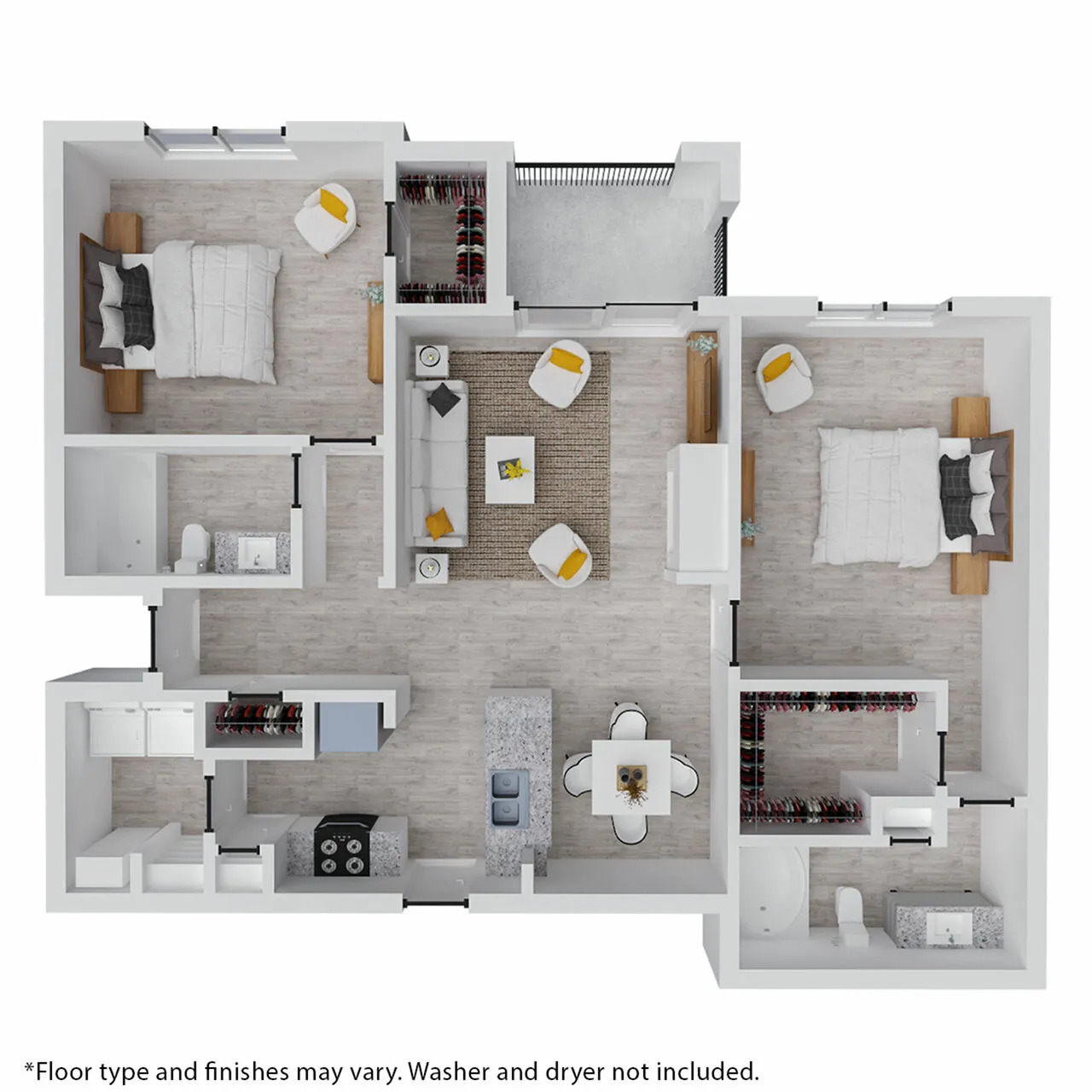 Modern 3D floor plan showcasing 2 bedrooms, a cozy living room, and a fully equipped kitchen with dining area.