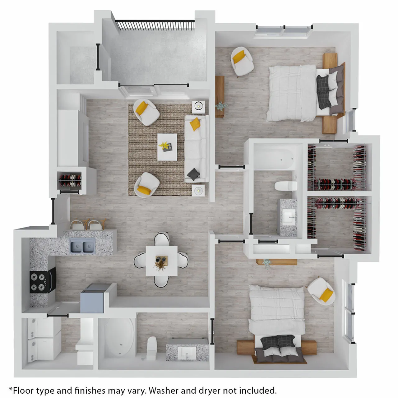 Modern 2D floor plan showcasing two spacious bedrooms, a cozy living area, sleek kitchen, and ample closet space, designed for comfort and style.