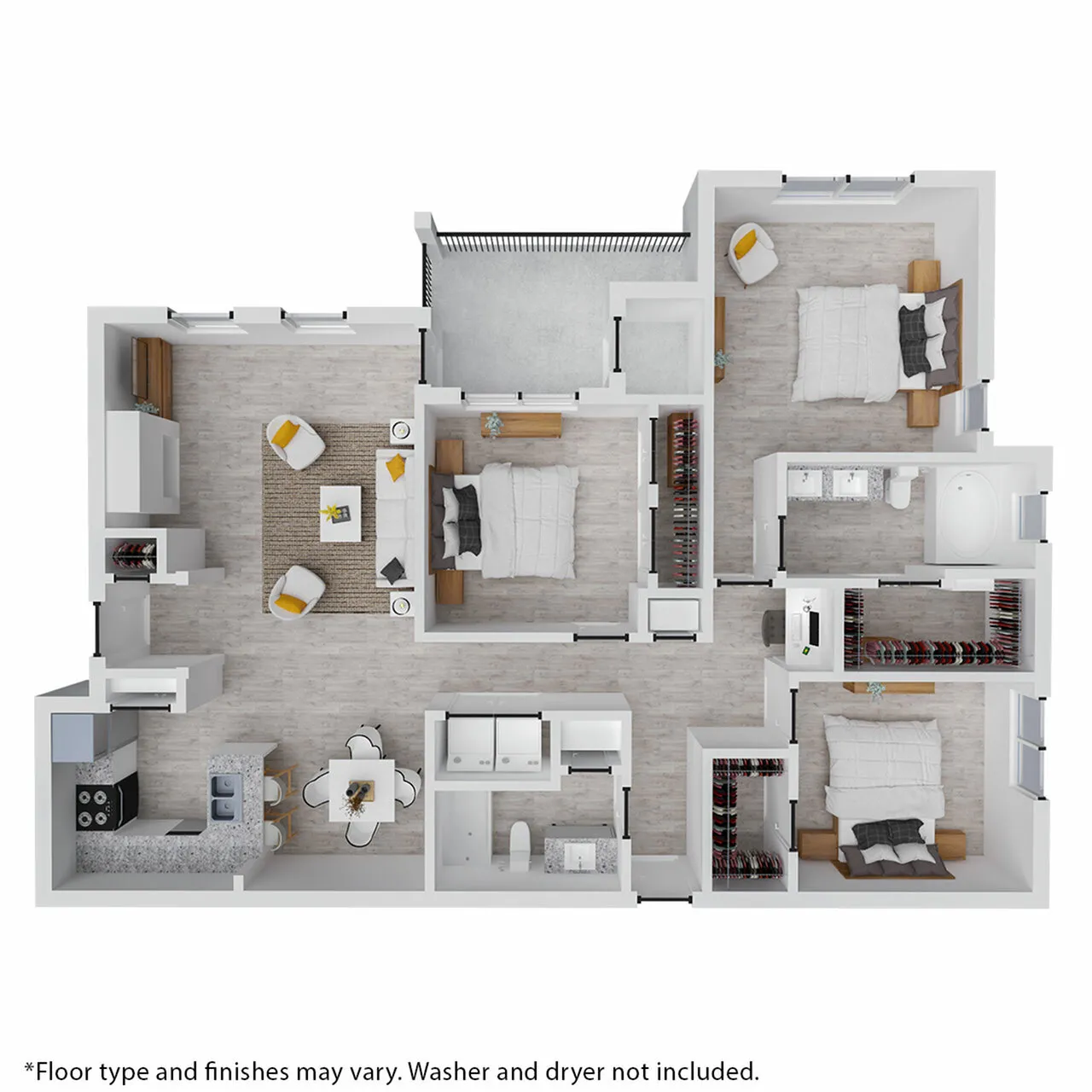 Modern floor plan with three spacious bedrooms, a cozy living room, sleek kitchen, and private balcony.