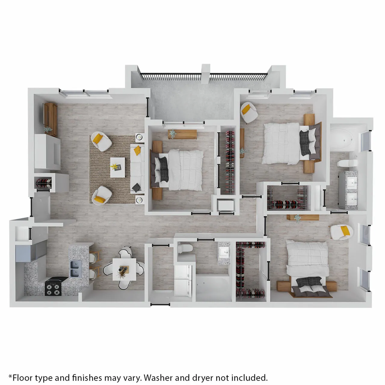 Modern 3-bedroom floor plan with open-concept living room, stylish kitchen, and private balcony.