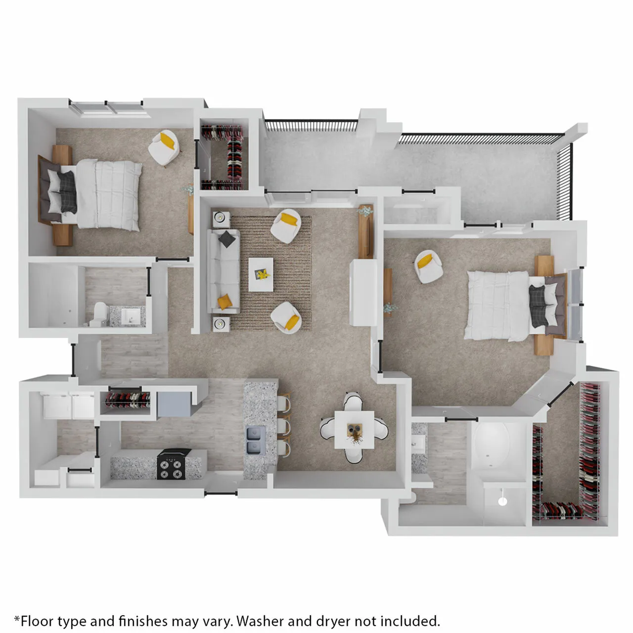 Modern 3D floor plan showcasing 2 spacious bedrooms, an elegant open-concept living area, and a contemporary kitchen with island seating.