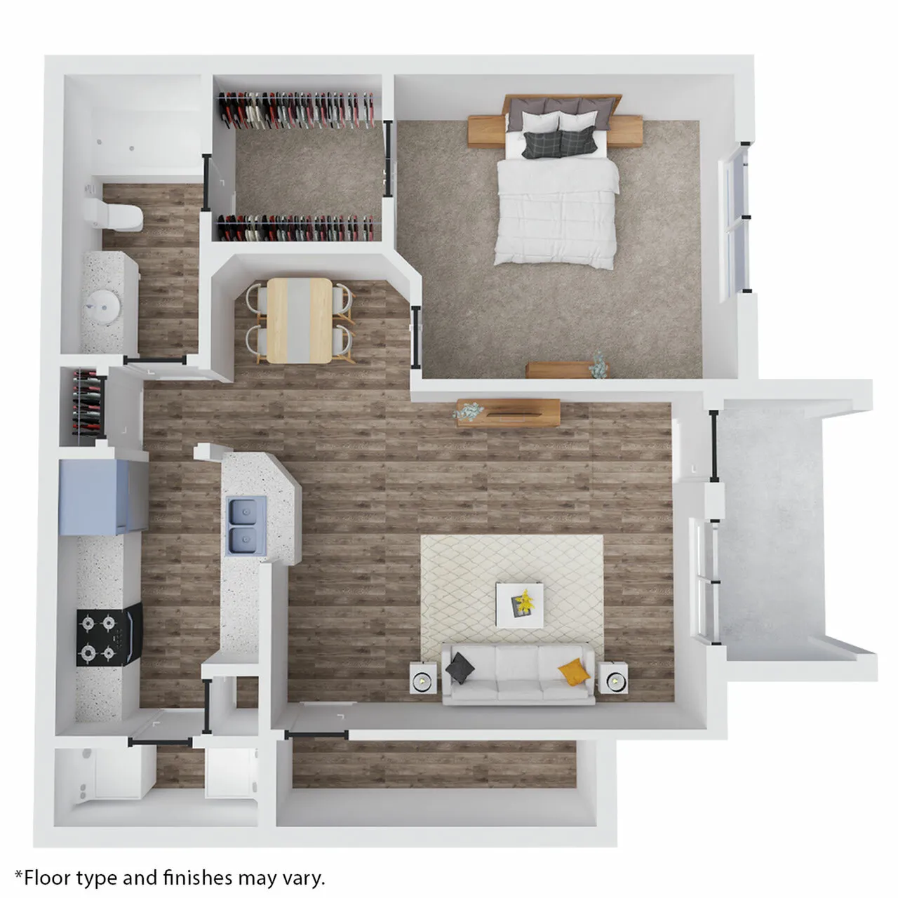 Chic 3D floor plan showcasing a spacious one-bedroom apartment with an open-concept living and dining area, modern kitchen, and ample closet space.