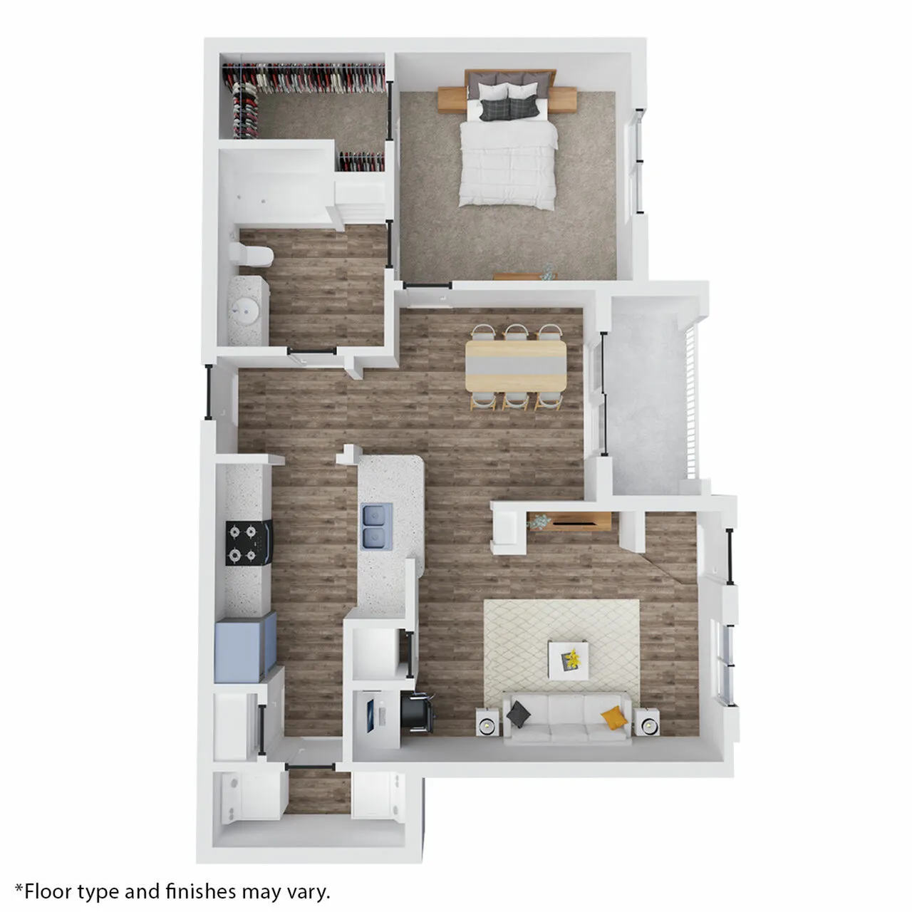 Modern open-concept floor plan featuring 1 bedroom, spacious walk-in closet, inviting kitchen with island dining, and a cozy living room.