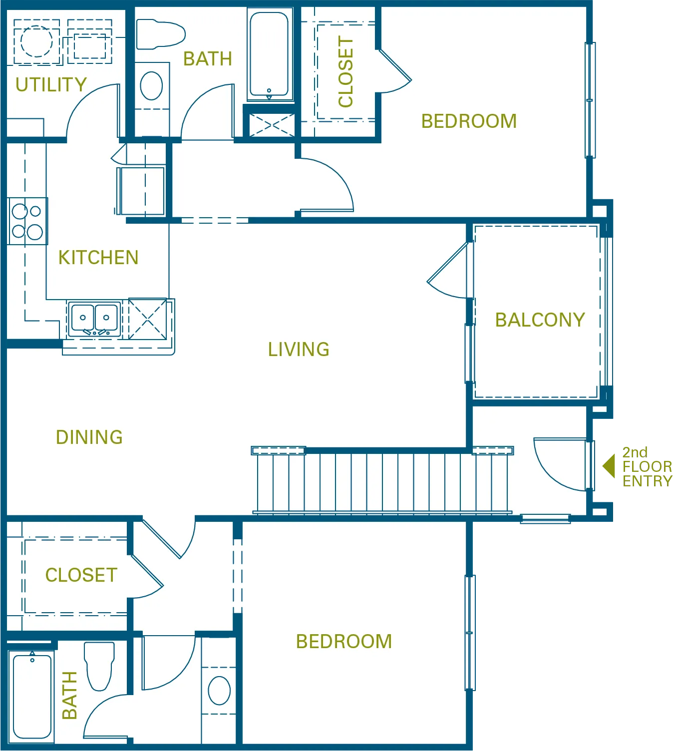 Inviting floor plan showcasing 2 spacious bedrooms, a modern kitchen, elegant living and dining areas, with a relaxing balcony and convenient utility room.