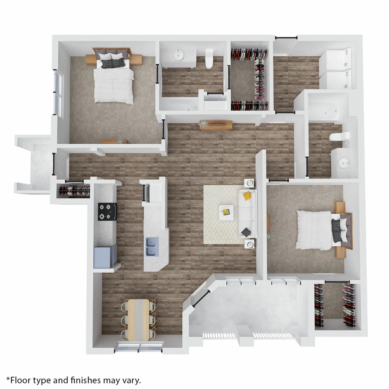 Chic modern floor plan showcasing 3 bedrooms, open living area, elegant kitchen, and dining space with natural light.