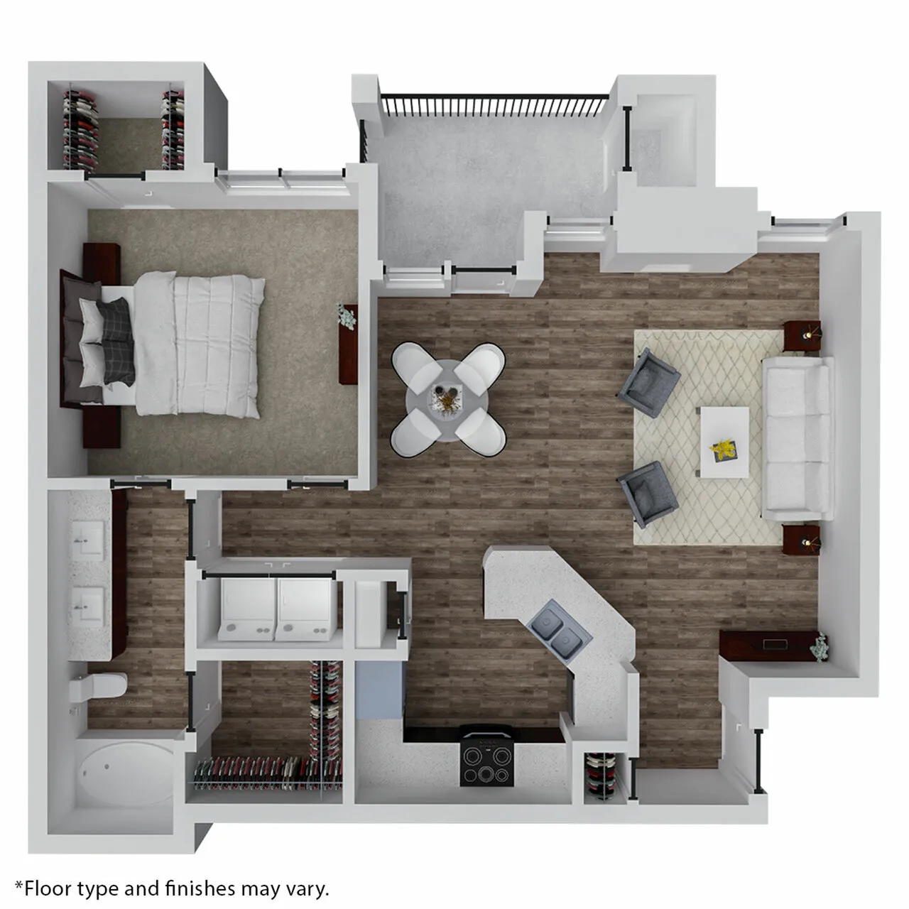Modern 3D floor plan showcasing a spacious one-bedroom apartment with a large living room, open kitchen layout, and private balcony.