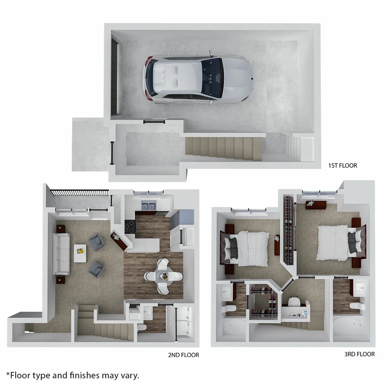 Contemporary 3D floor plan with an integrated garage at ground level, spacious open-concept living and kitchen area on the second floor, and two cozy bedrooms with en-suite bathrooms on the third floor.