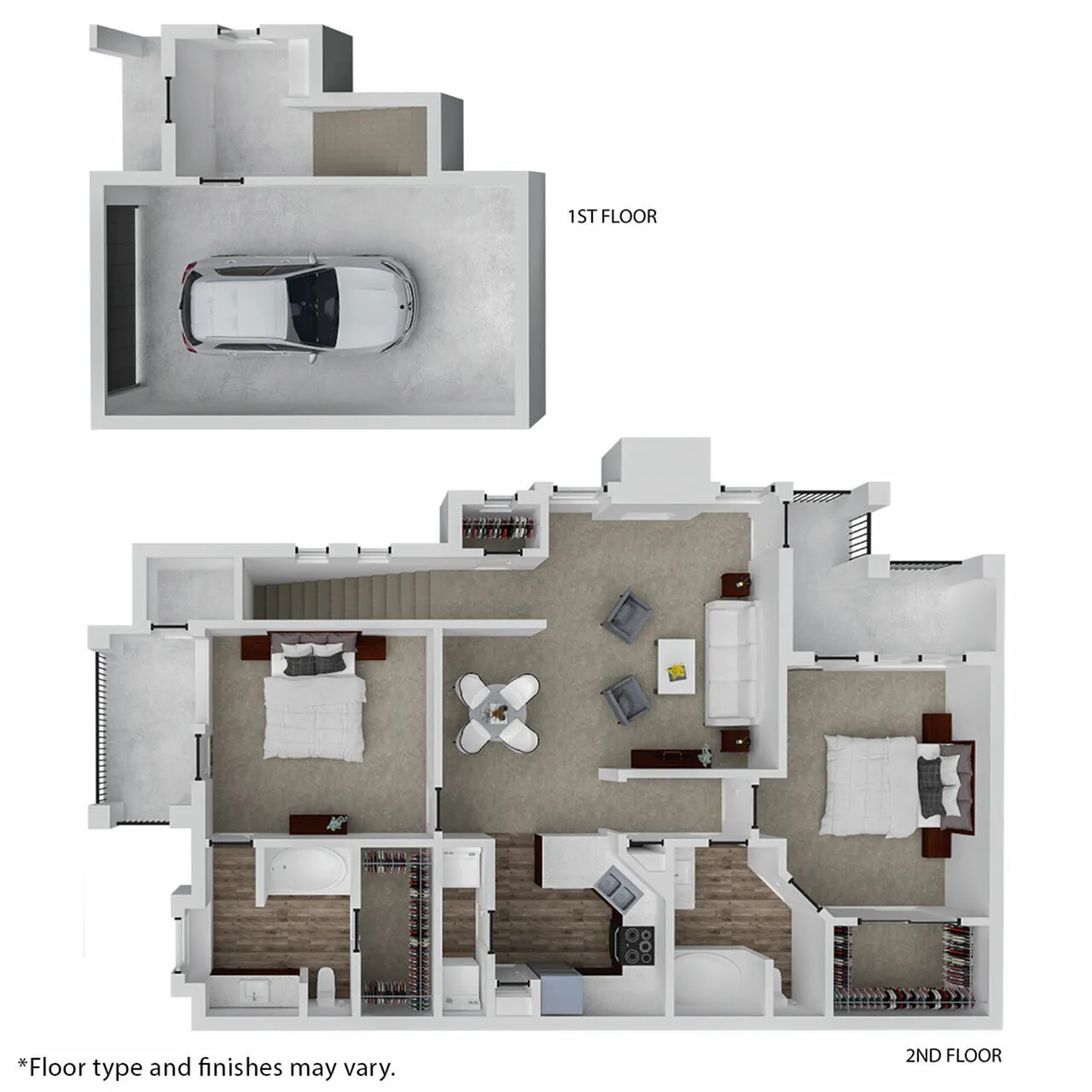 Charming floor plan with spacious 2 bedrooms, elegant open living area, modern kitchen, and convenient garage space.