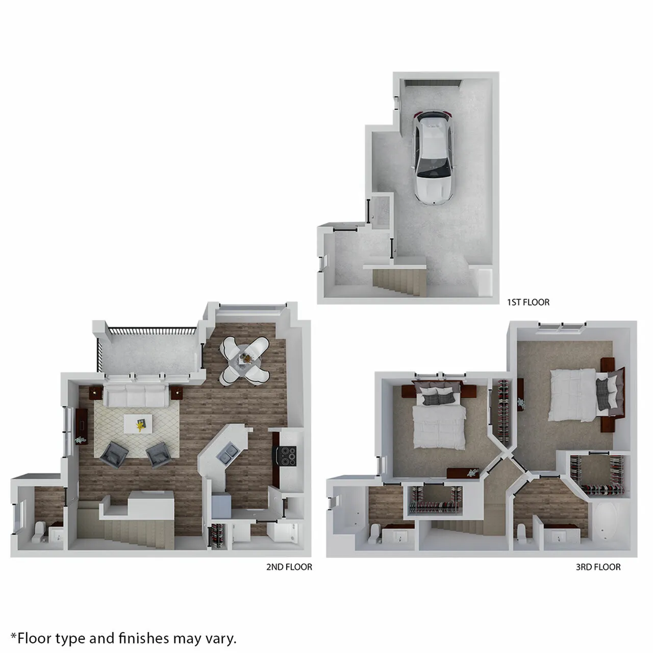 Contemporary 3D floor plan showcasing a garage on the 1st floor, an open-concept living and dining area on the 2nd floor, and two cozy bedrooms on the 3rd floor with modern bathrooms.