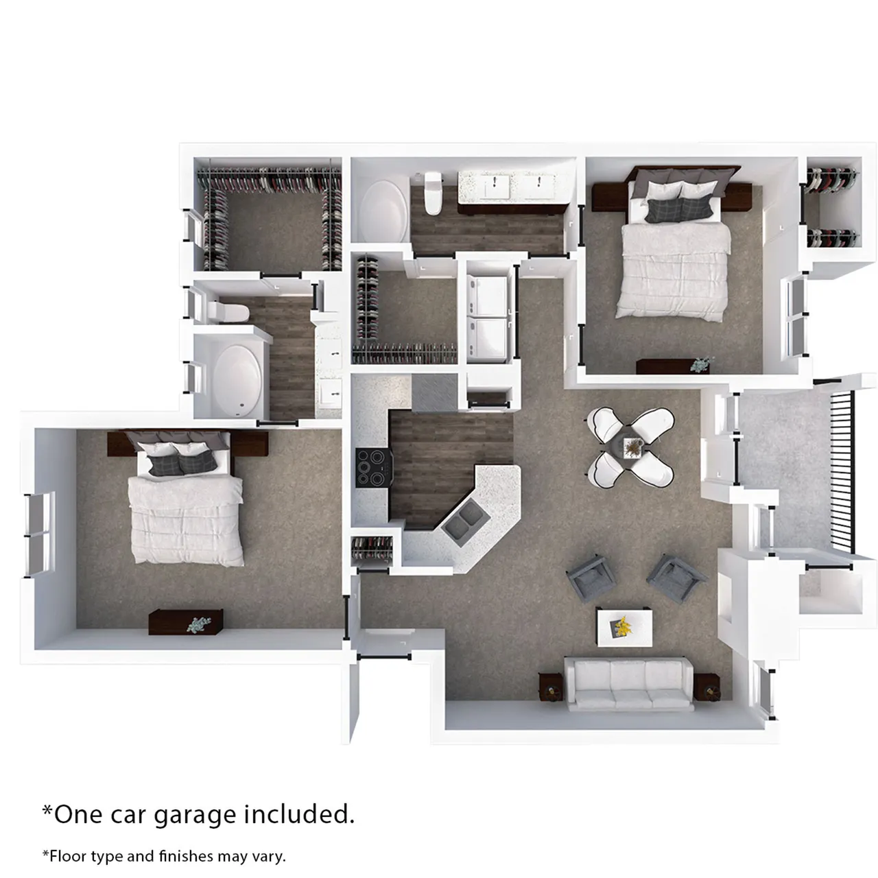 Modern 3D floor plan featuring 2 bedrooms, 2 bathrooms, an open-concept living area, and a stylish kitchen. Includes a one-car garage.