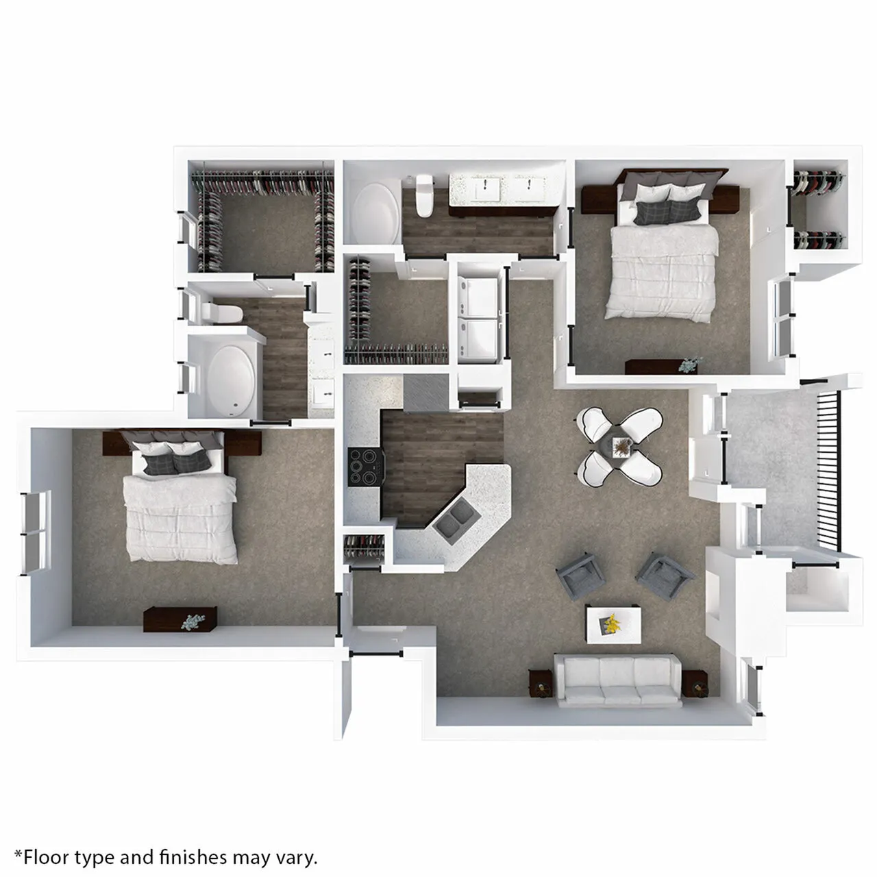 Modern 3D floor plan showcasing 2 bedrooms, 2 bathrooms, an elegant kitchen, and an open-concept living and dining area with balcony access.
