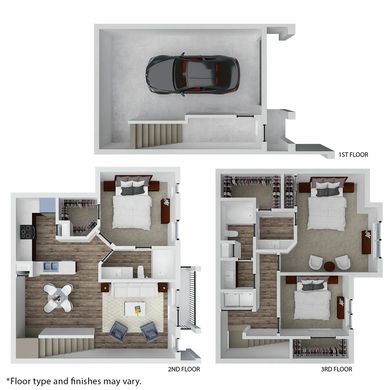 Modern three-story floor plan featuring a garage on the first floor, an open-concept kitchen and living area with one bedroom on the second floor, and two spacious bedrooms with ample closet space on the third floor.
