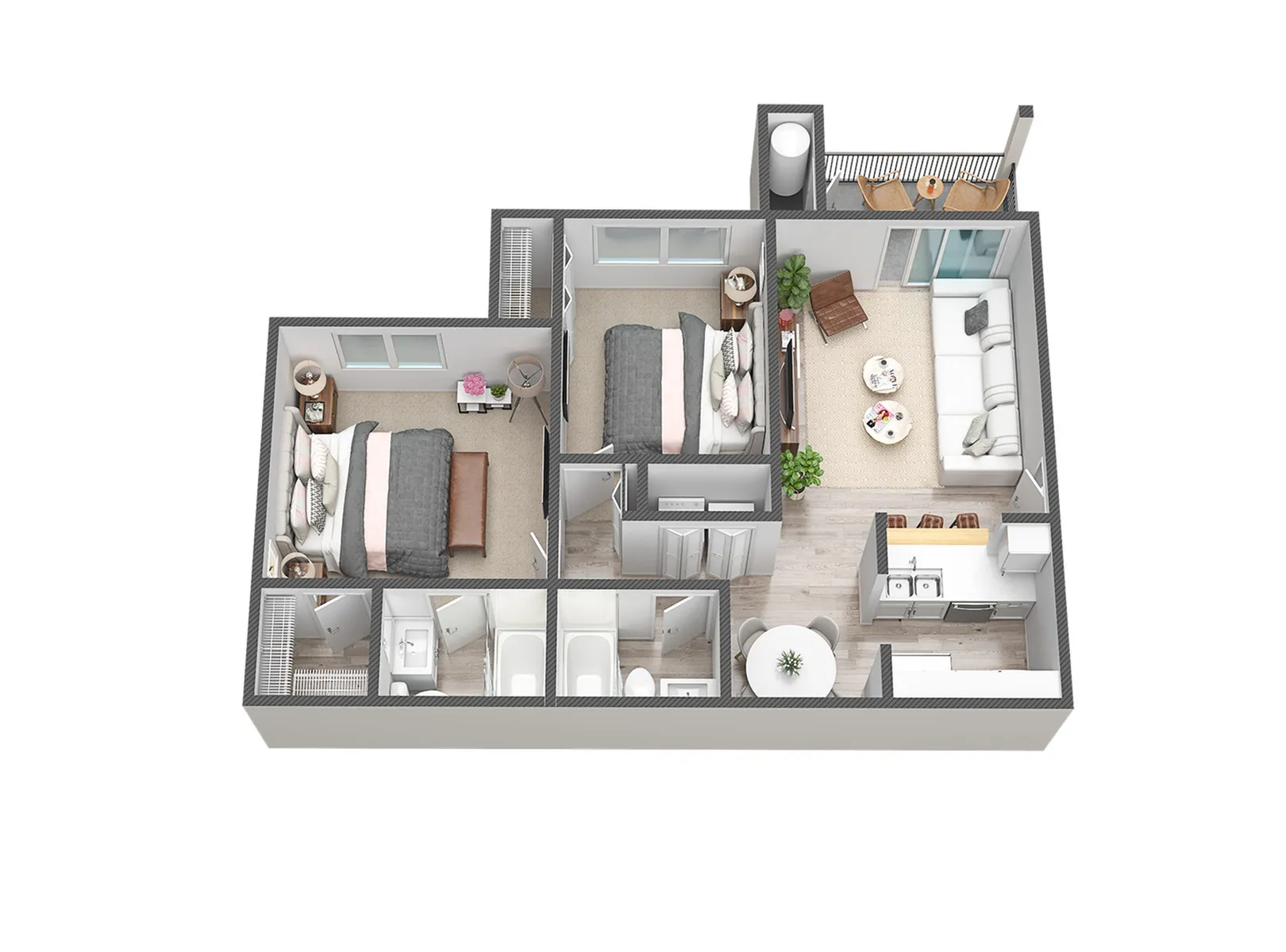 Elegant 3D floor plan showcasing a modern 2-bedroom apartment with airy open-concept living room, stylish kitchen, cozy dining area, and inviting balcony space.