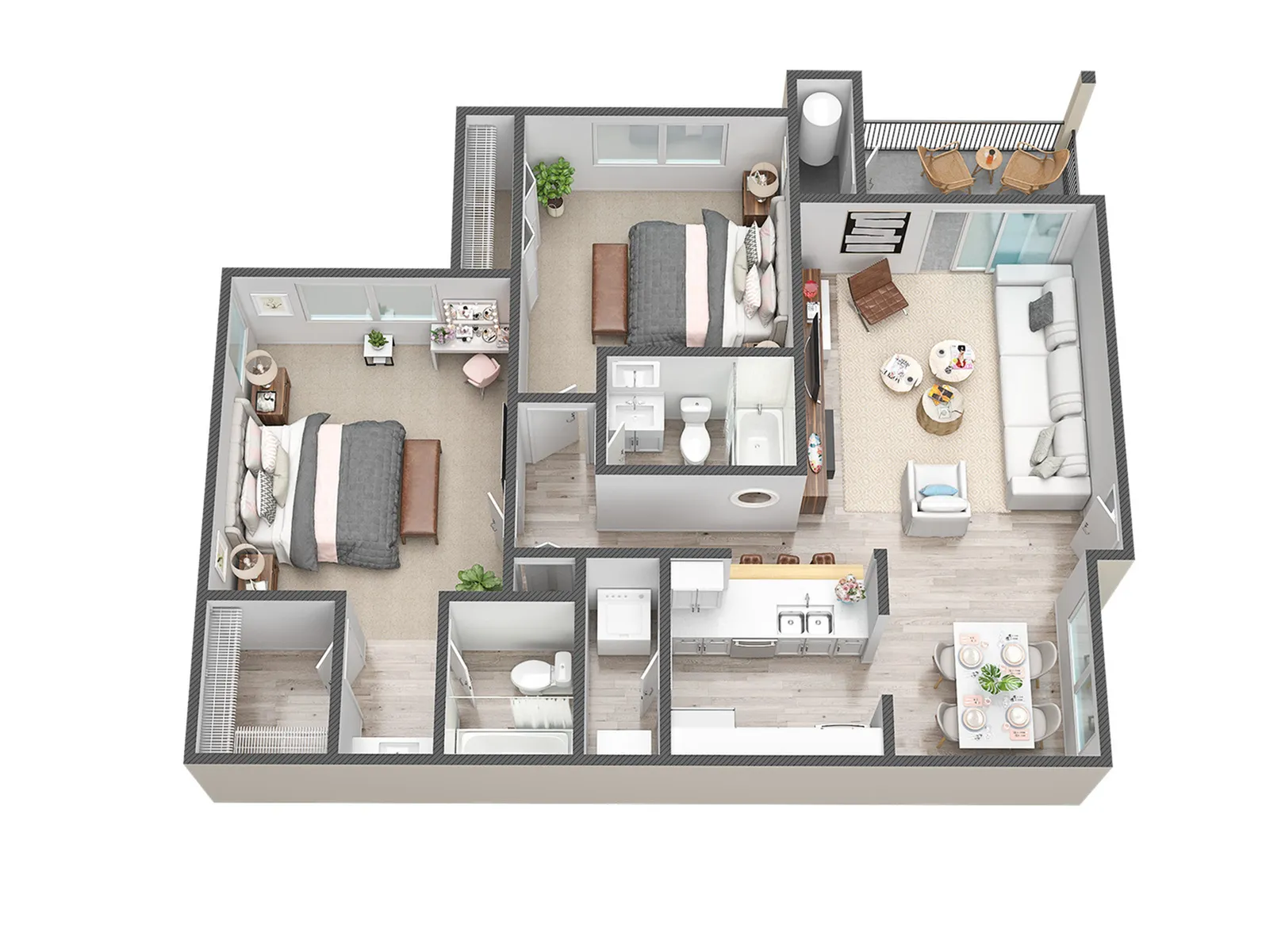 Chic 3D floor plan showcasing two cozy bedrooms, a modern kitchen, and an inviting living area with balcony access.