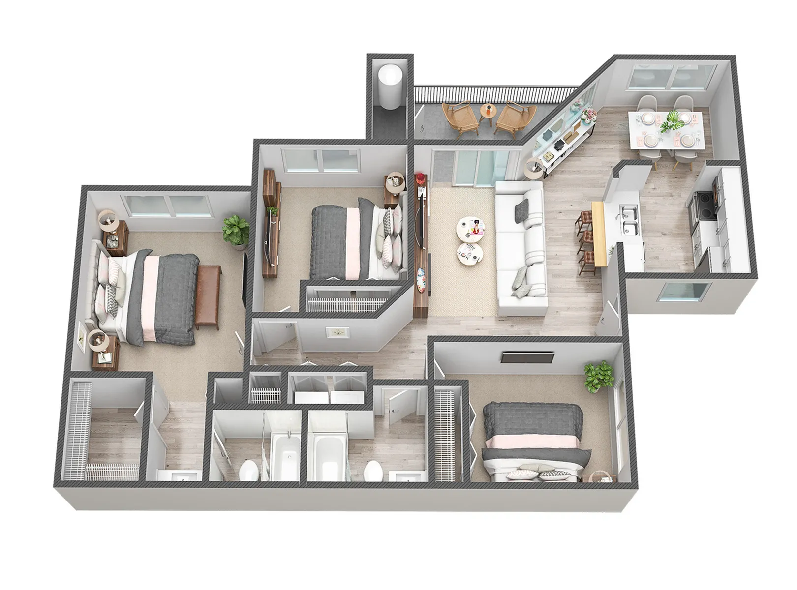 Contemporary 3D floor plan showcasing three spacious bedrooms, modern kitchen, cozy living area, and a stylish balcony with outdoor seating.