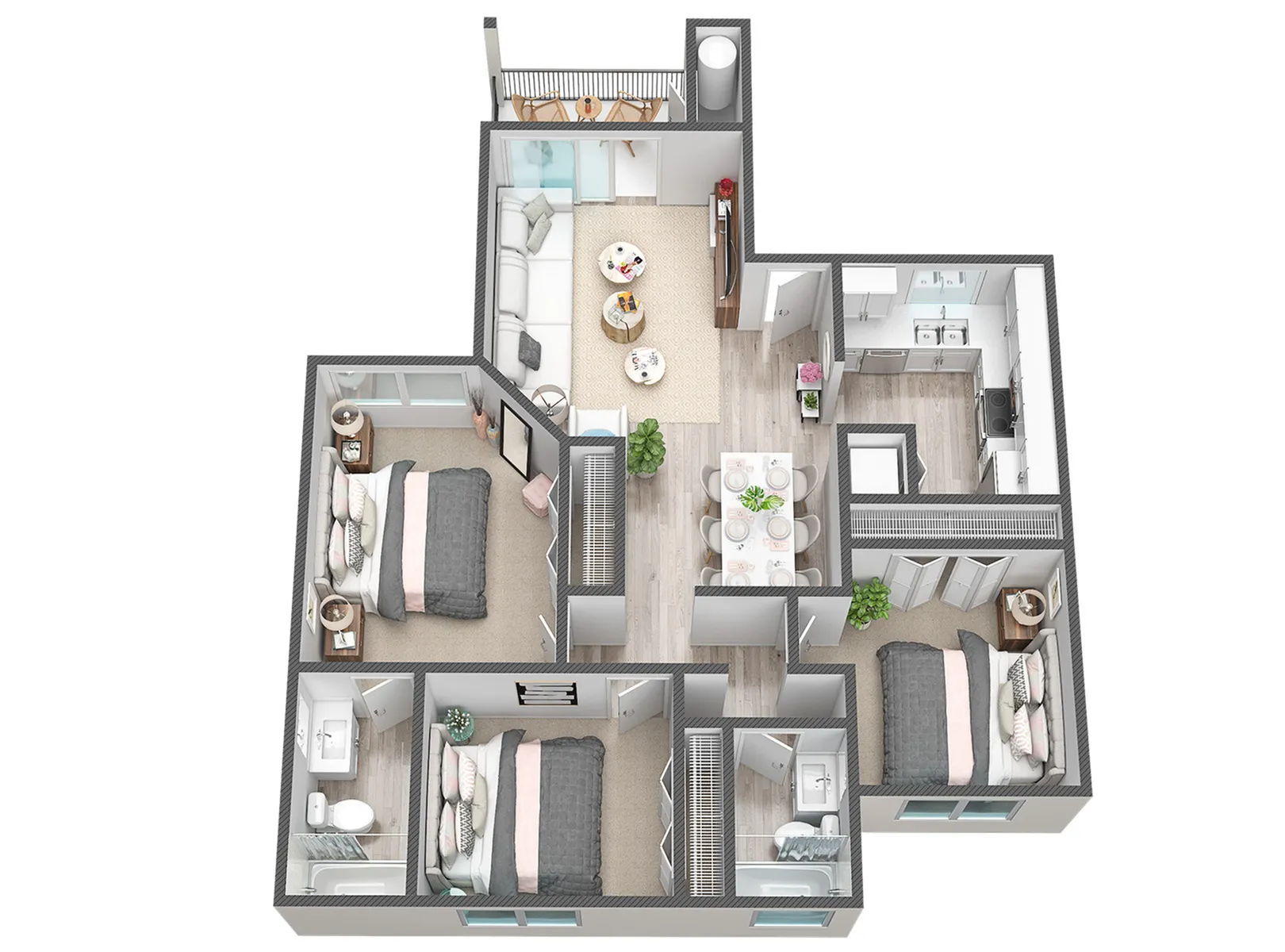 Modern 3D apartment floor plan showcasing three cozy bedrooms, an elegant living room, and a contemporary kitchen with dining area.