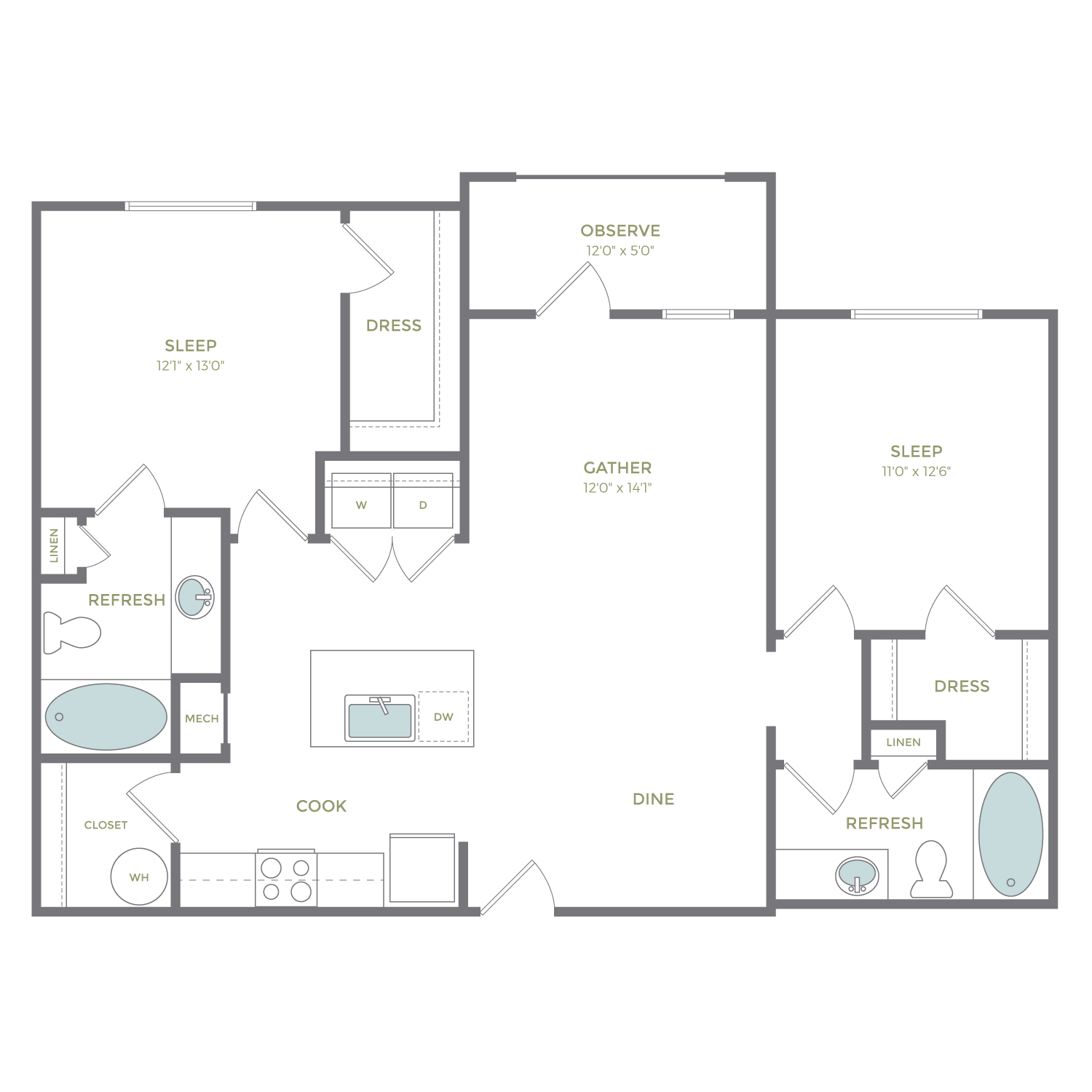Modern 2D floor plan with 2 bedrooms, spacious kitchen, and inviting living area, featuring two refresh rooms and versatile gather and observe spaces.