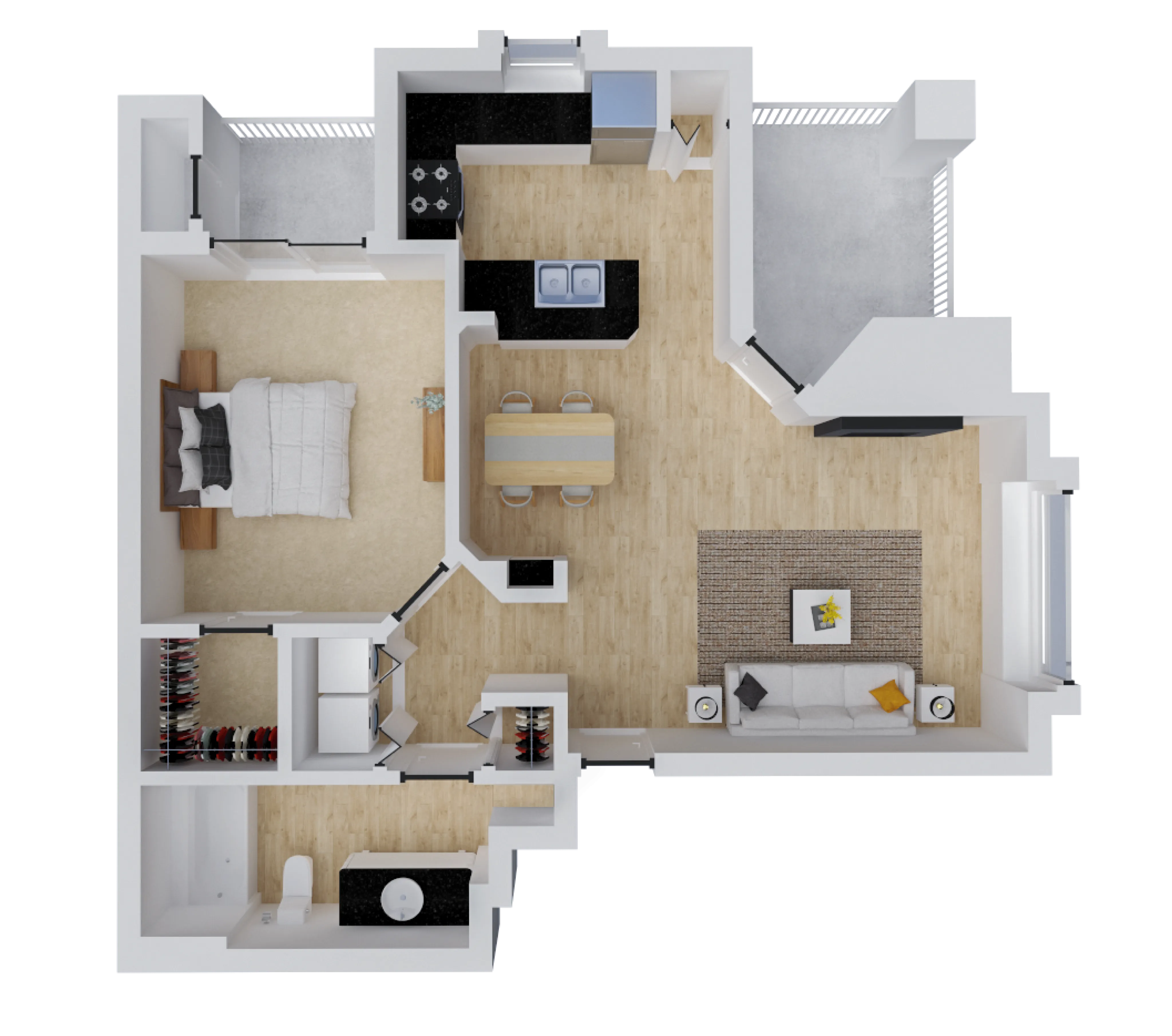 Modern 3D floor plan showcasing a spacious one-bedroom apartment with open-concept living and dining area, stylish kitchen, and cozy balcony.
