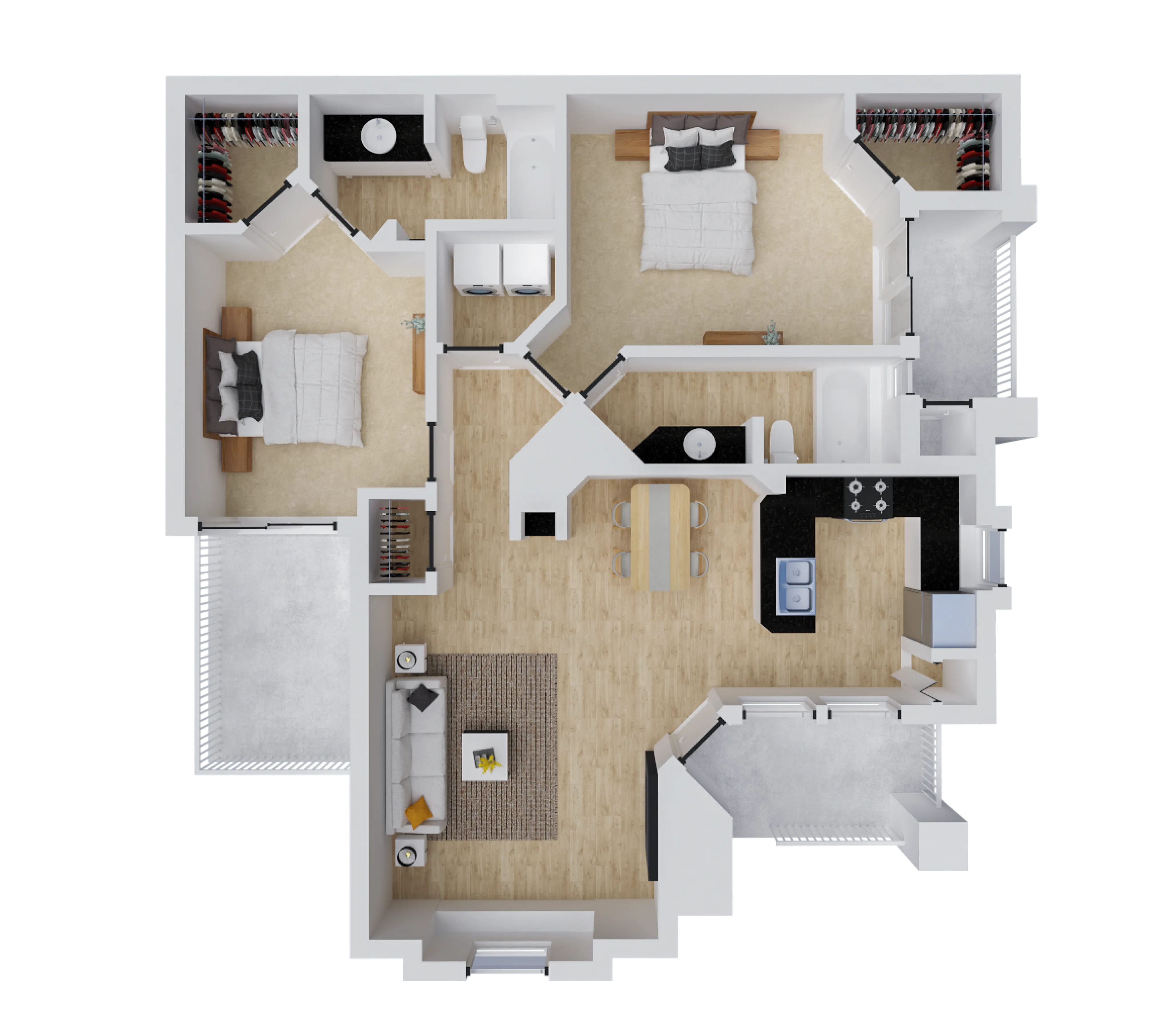 Modern apartment floor plan showcasing 2 cozy bedrooms, an open living room, sleek kitchen, and 2 bathrooms.