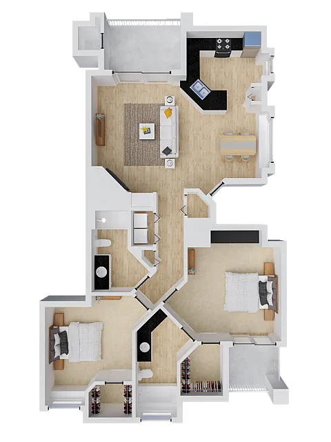 Modern 3D floor plan showcasing 2 cozy bedrooms, a stylish open-concept living area, and a functional kitchen.