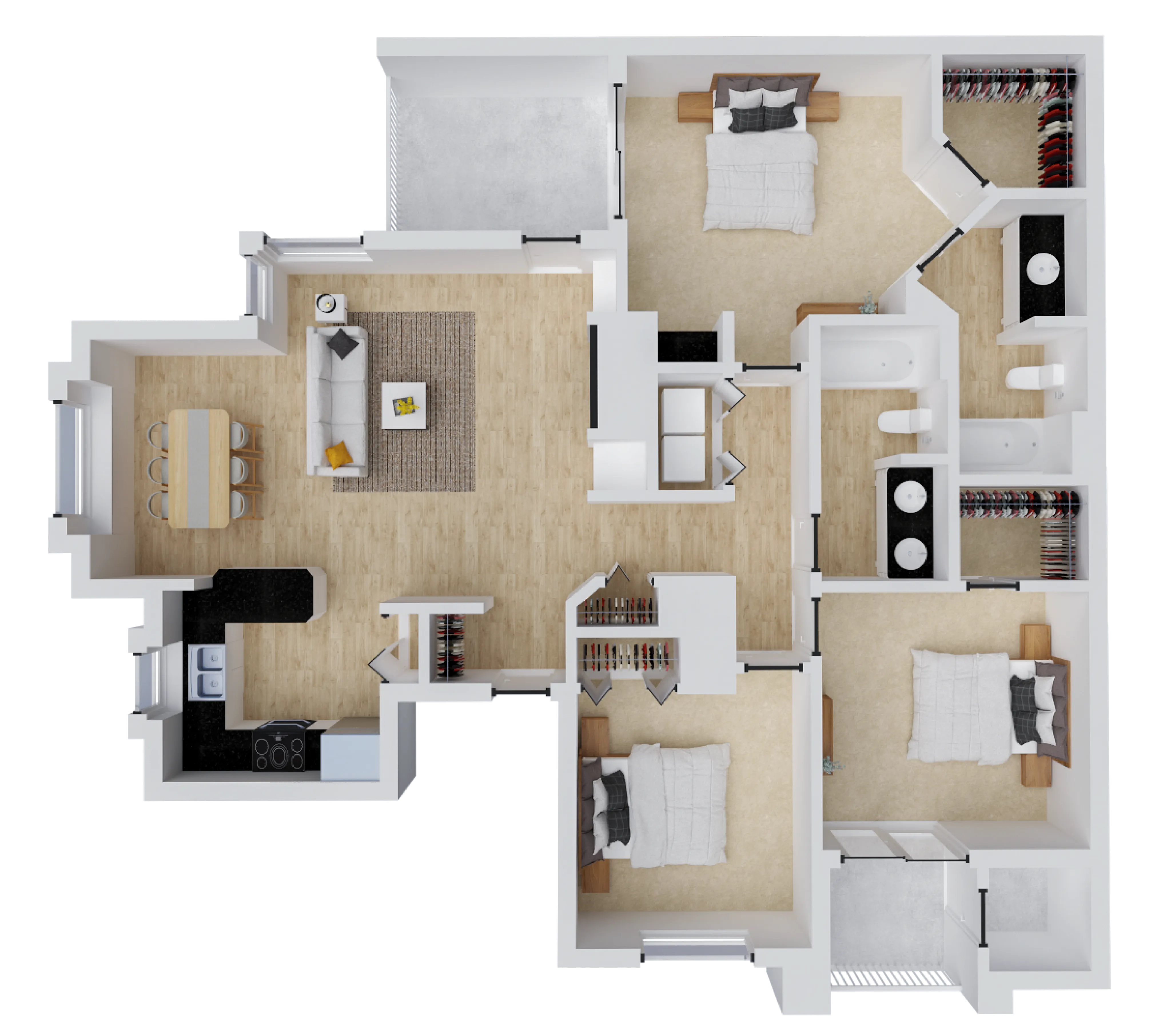 Elegant 3D floor plan showcasing 3 bedrooms, open-concept living and dining area, modern kitchen, and two sleek bathrooms.