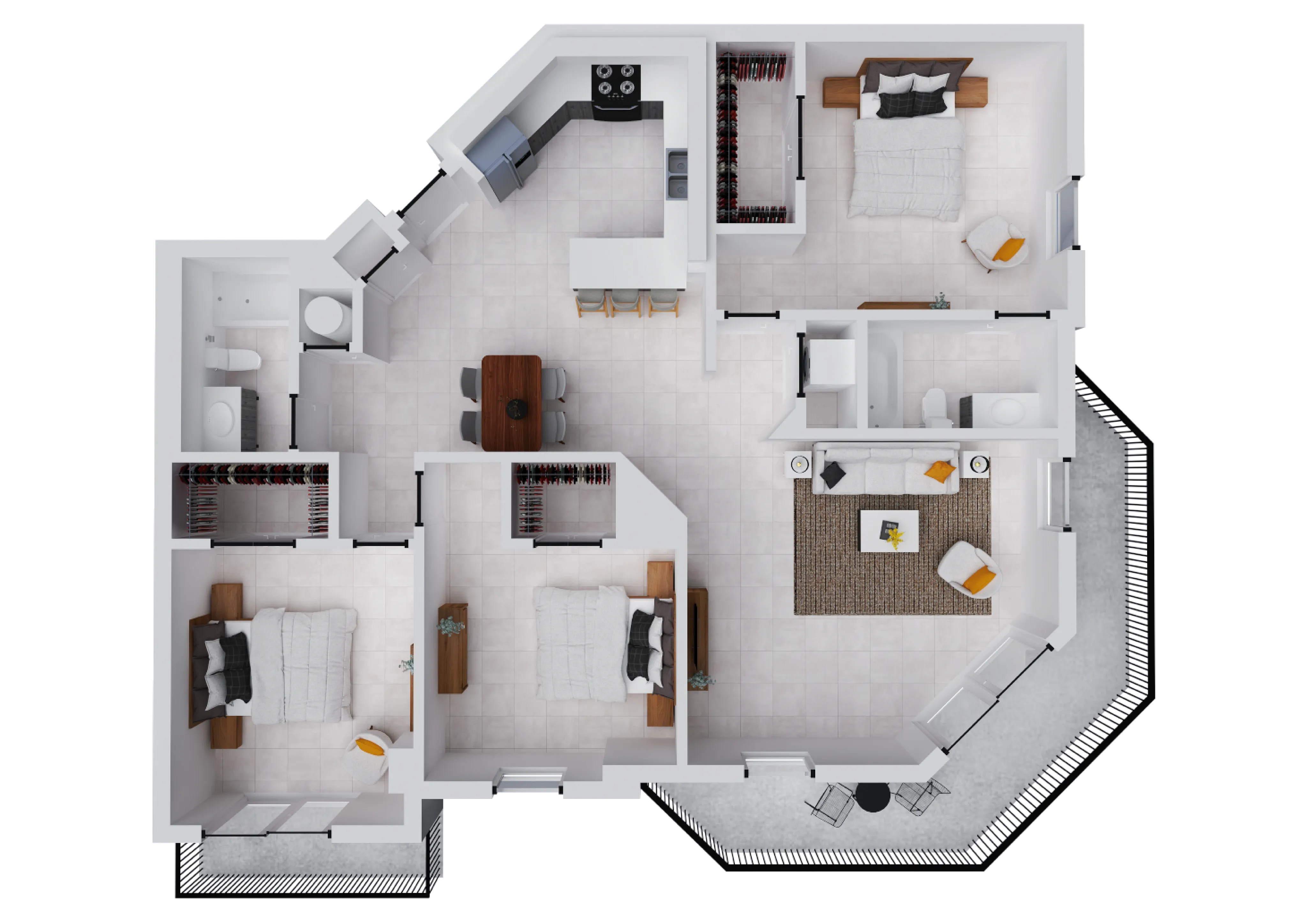 Elegant floor plan showcasing 3 bedrooms, open kitchen with island, spacious living area, and two modern bathrooms.