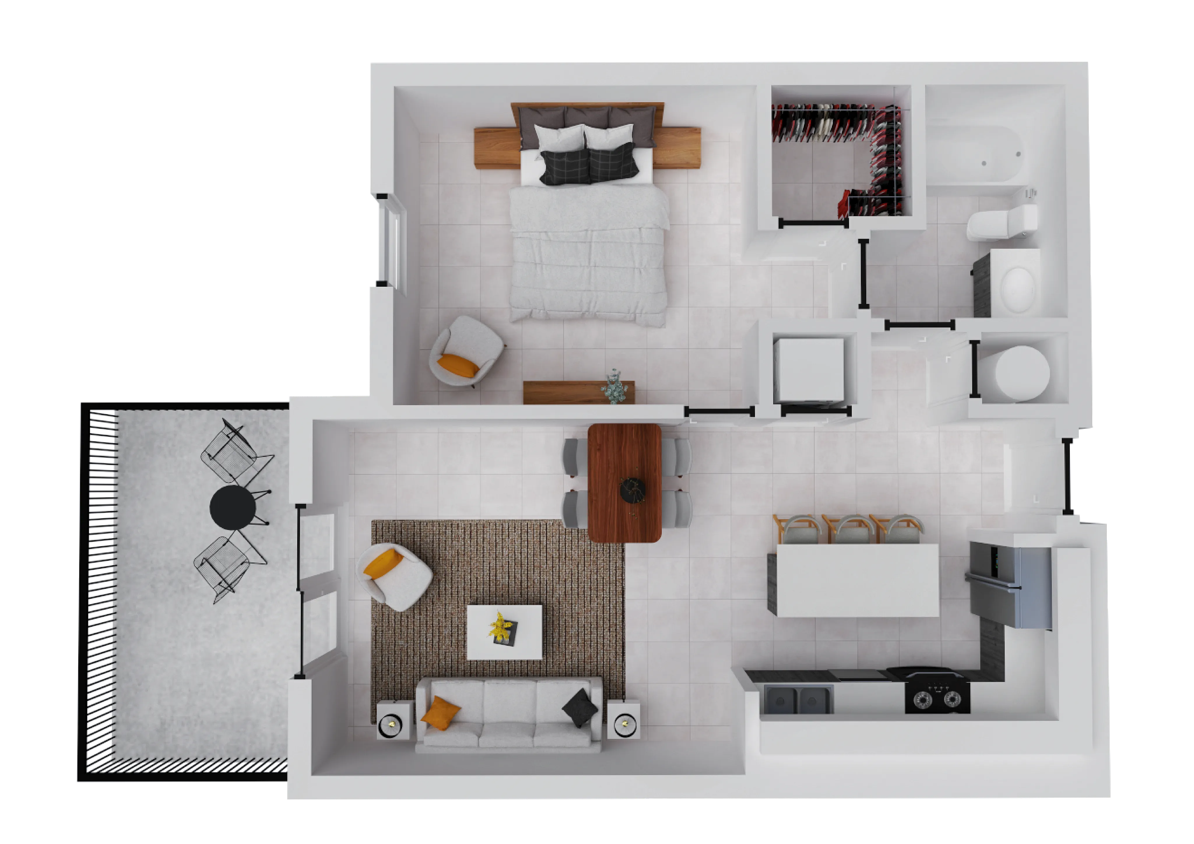 Elegant floor plan showcasing a cozy 1-bedroom layout with modern living area, open kitchen, stylish bathroom, and charming outdoor patio.