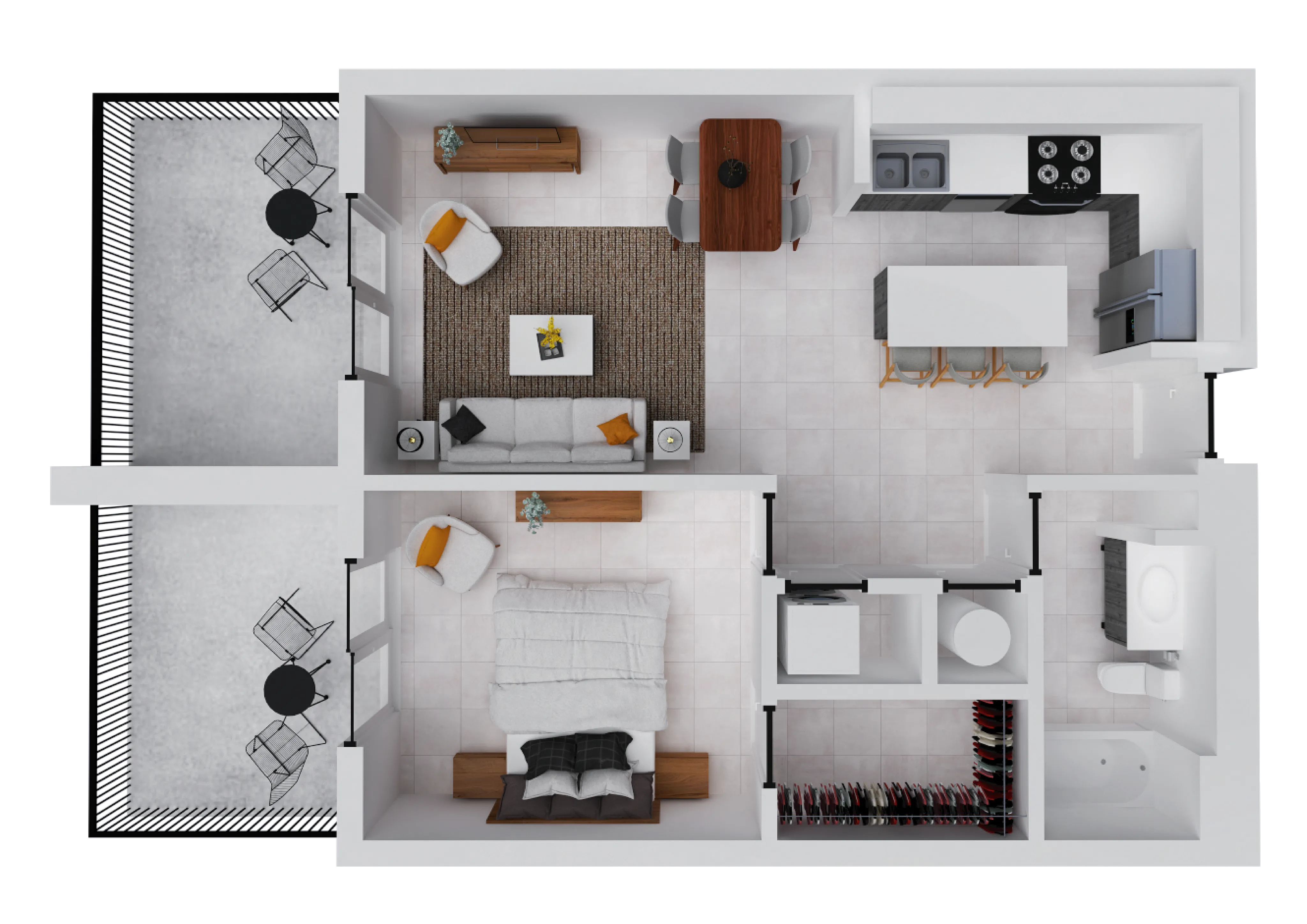 Modern apartment floor plan showcasing an open-concept living and dining area, chic kitchen with island seating, cozy bedroom, and stylish outdoor patio space.