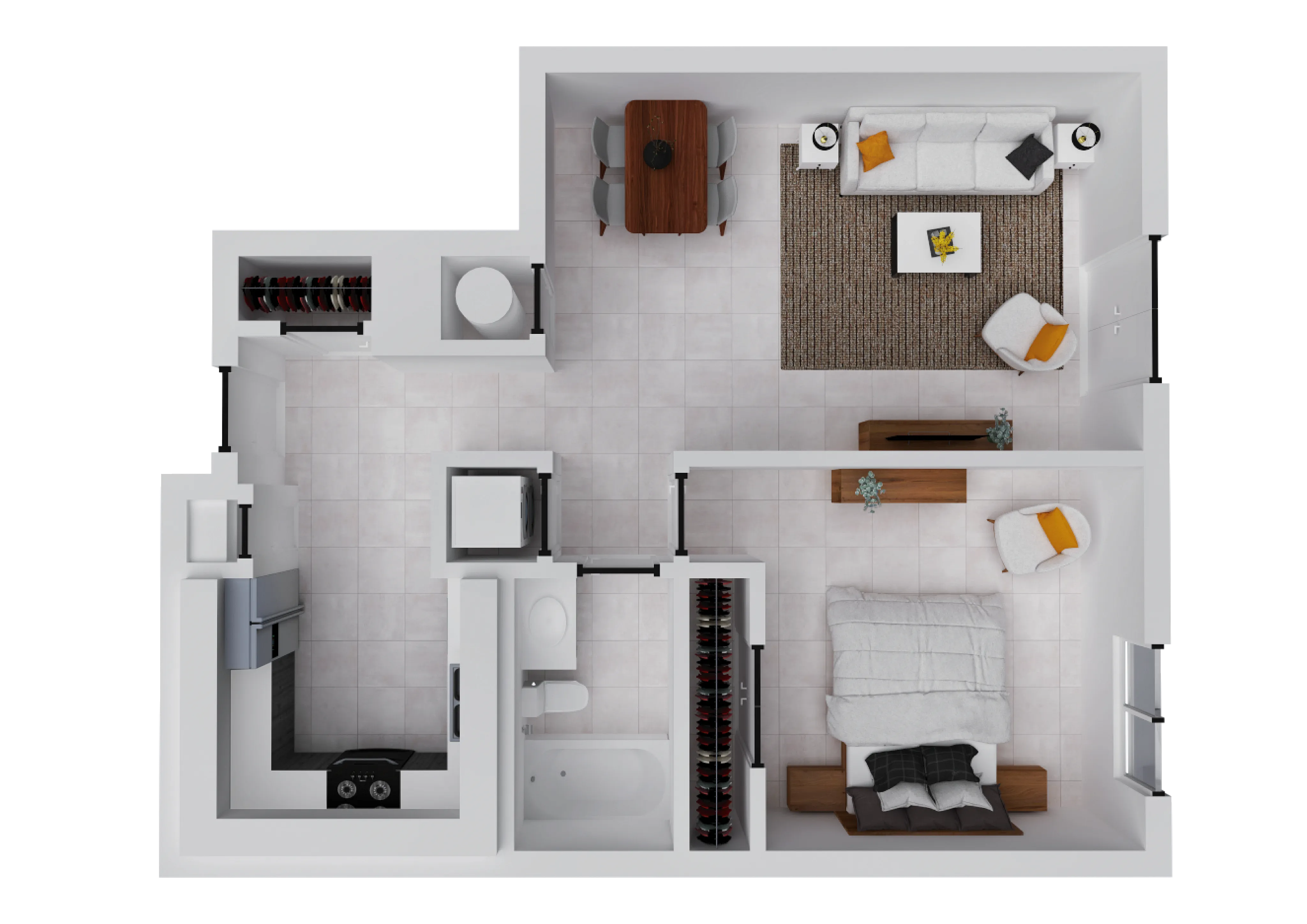 Modern 2D floor plan featuring a cozy one-bedroom layout with an elegant living area, compact kitchen, and stylish bathroom.
