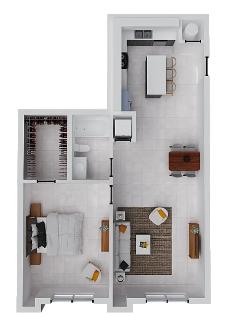 Modern apartment floor plan featuring one spacious bedroom, stylish open-concept living area, sleek kitchen with island, and elegant bathroom.