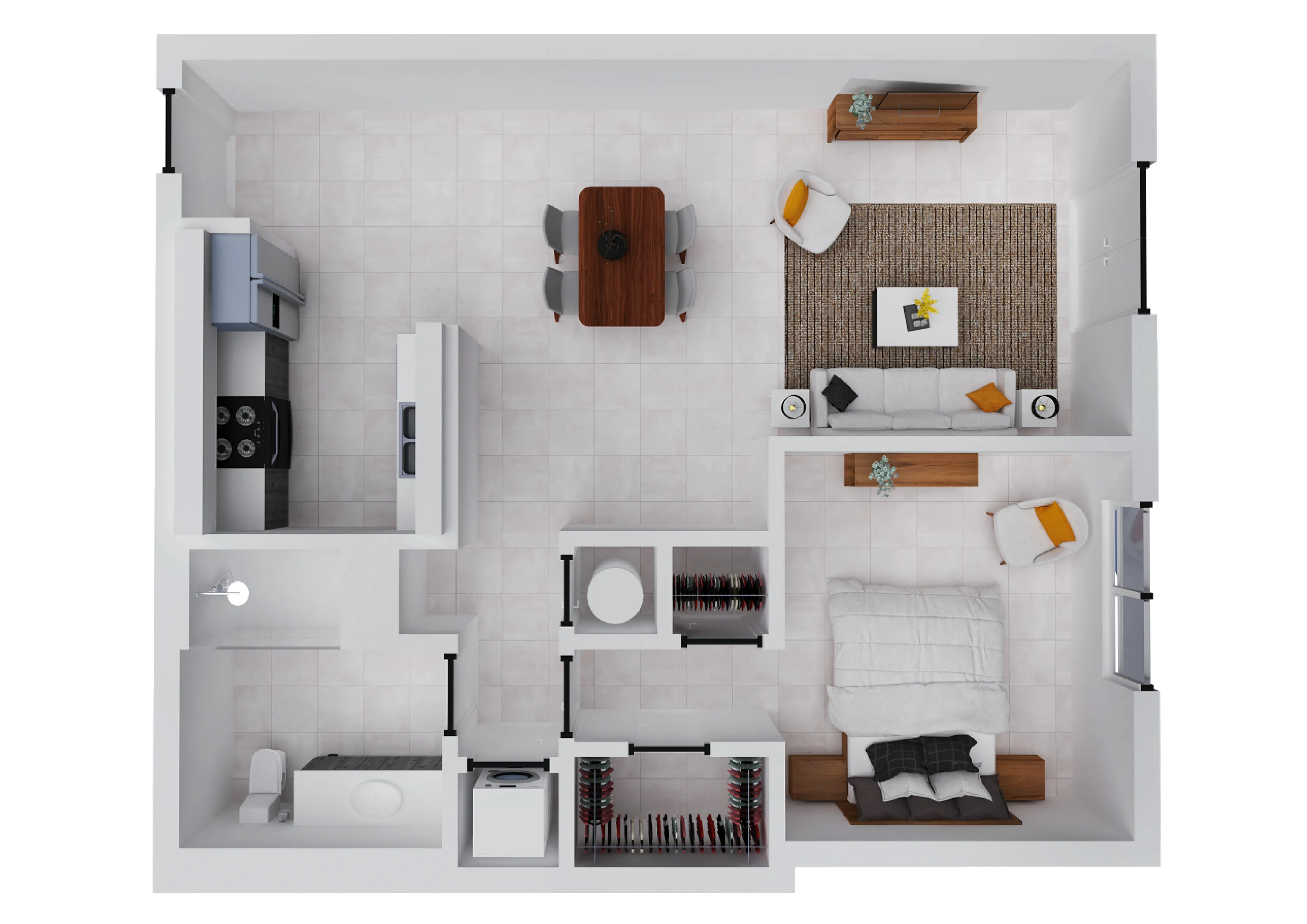 Modern apartment floor plan with one bedroom, spacious open-concept living and dining area, and sleek kitchen design.