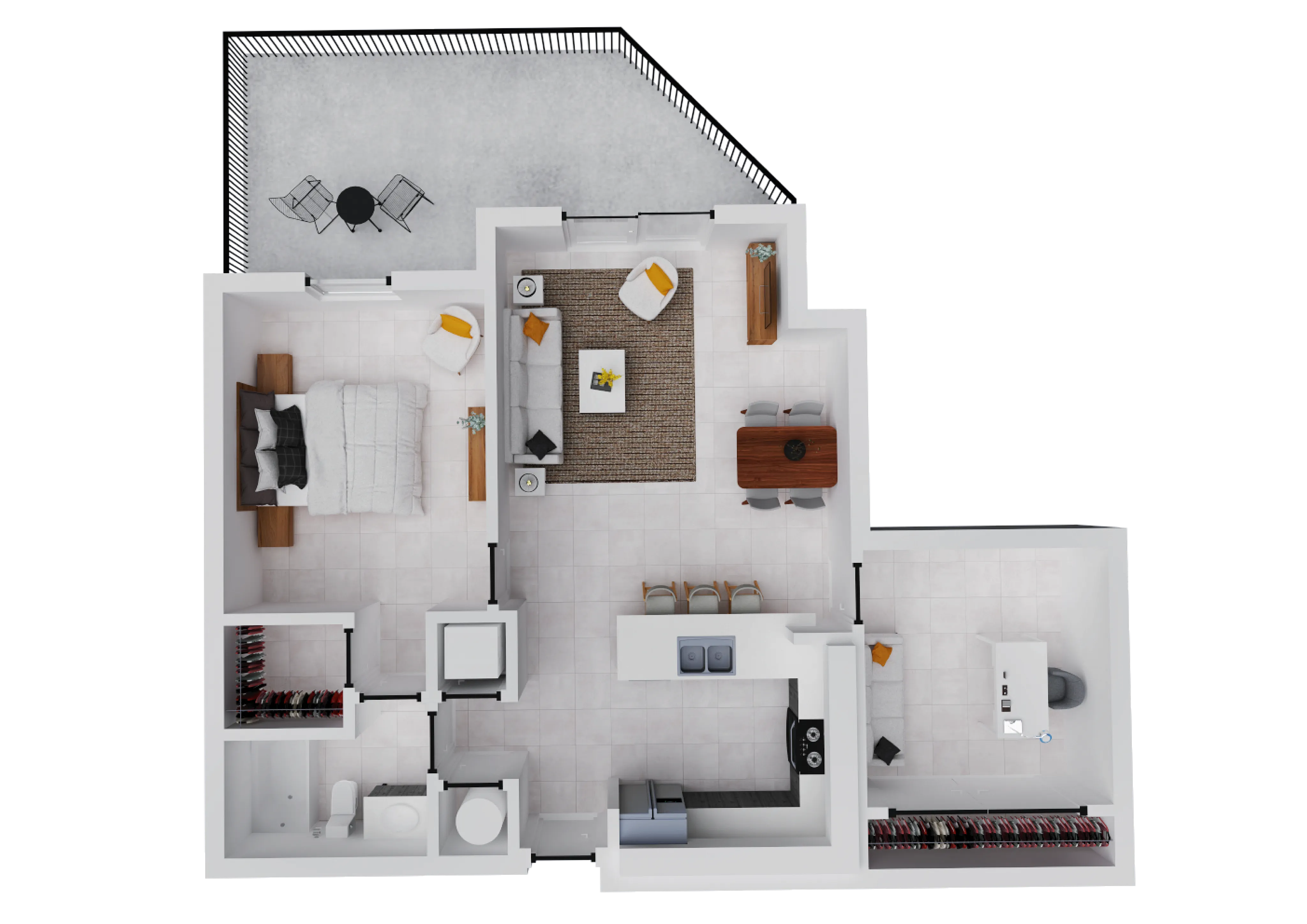 Modern 1-bedroom open-concept floor plan with spacious living area, sleek kitchen, and cozy outdoor patio.