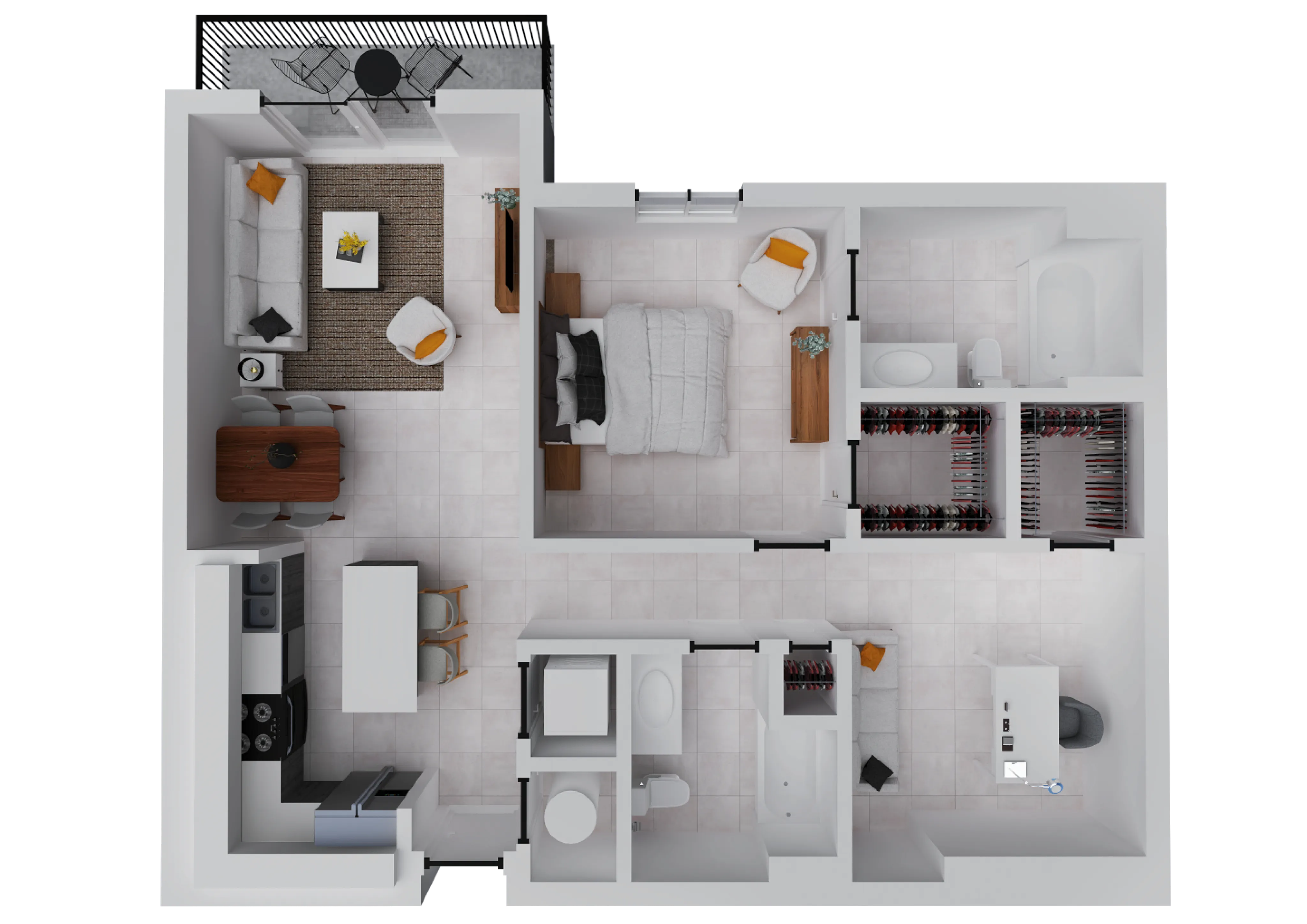 Modern 1-bedroom apartment floor plan with open-concept living and dining area, stylish kitchen, spacious bathroom, and private balcony.