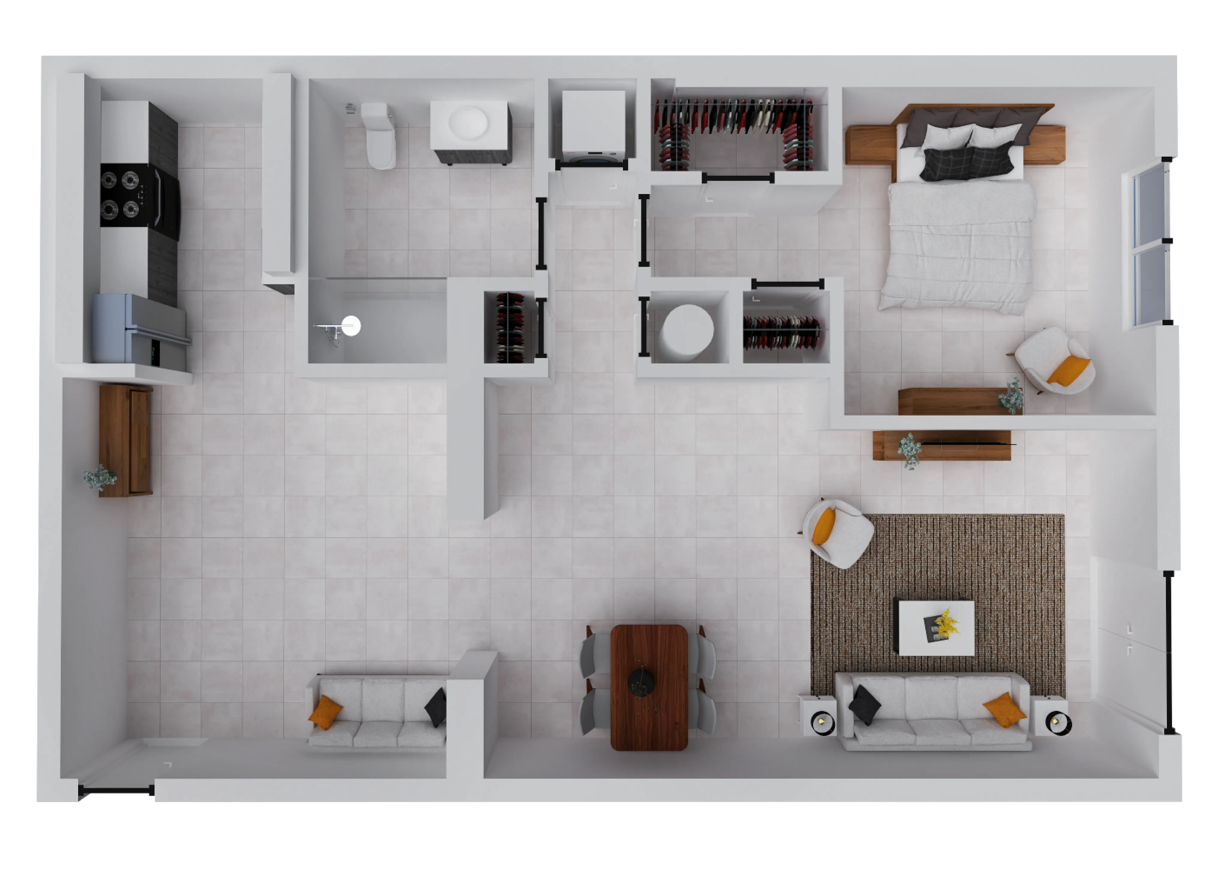 Modern 2D floor plan featuring a cozy 1-bedroom, inviting living area, and sleek kitchen with spacious closets.