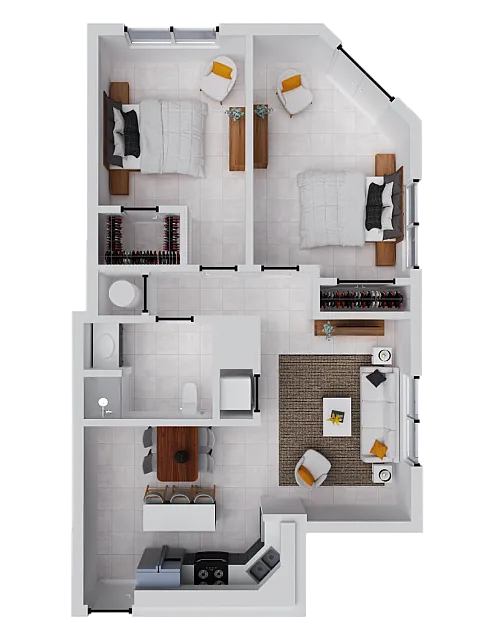 Modern 2D floor plan with 2 cozy bedrooms, spacious open living area, and a streamlined kitchen design.