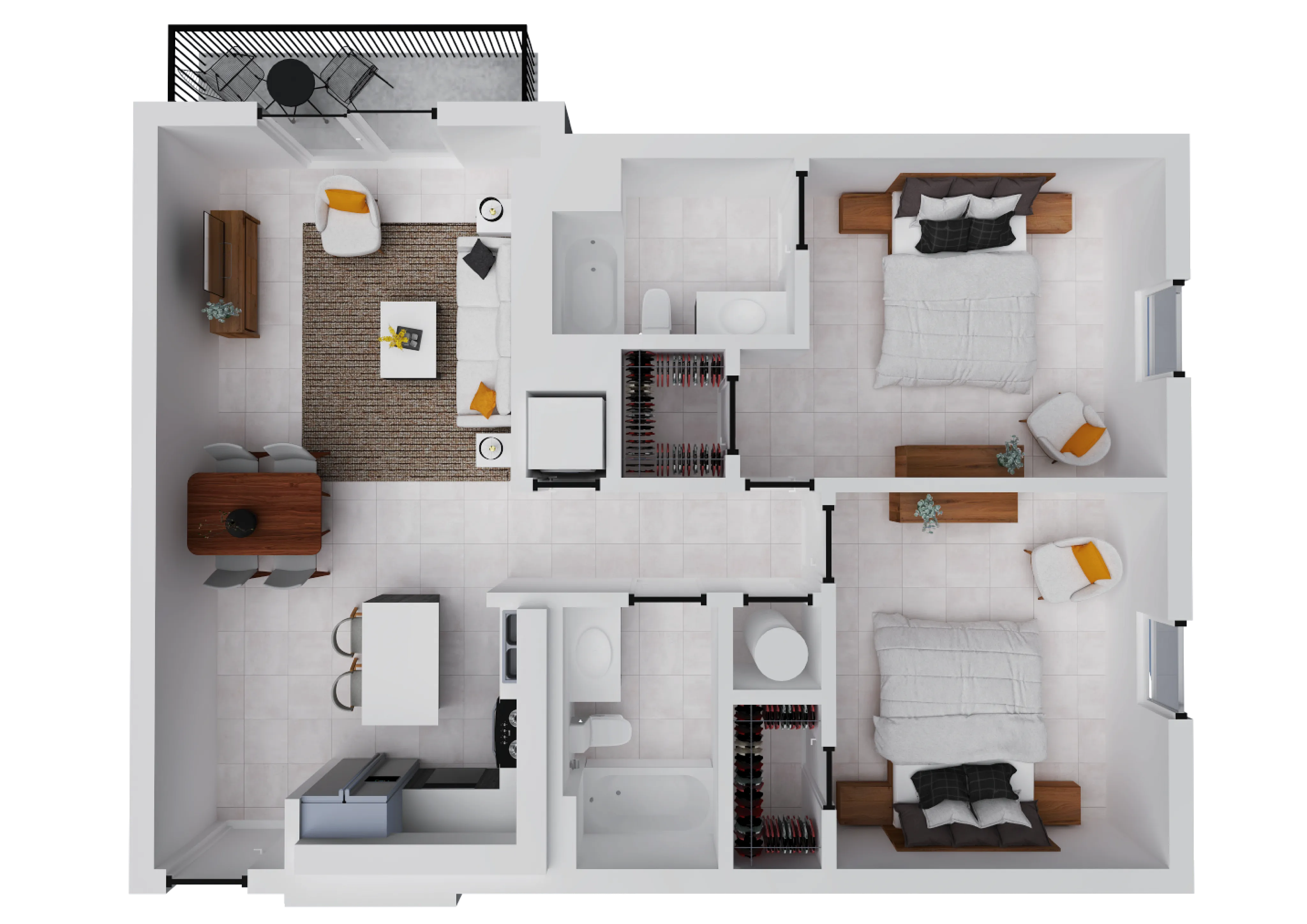 Modern floor plan featuring 2 spacious bedrooms, cozy living area, and an open kitchen, complete with balcony access for relaxation.