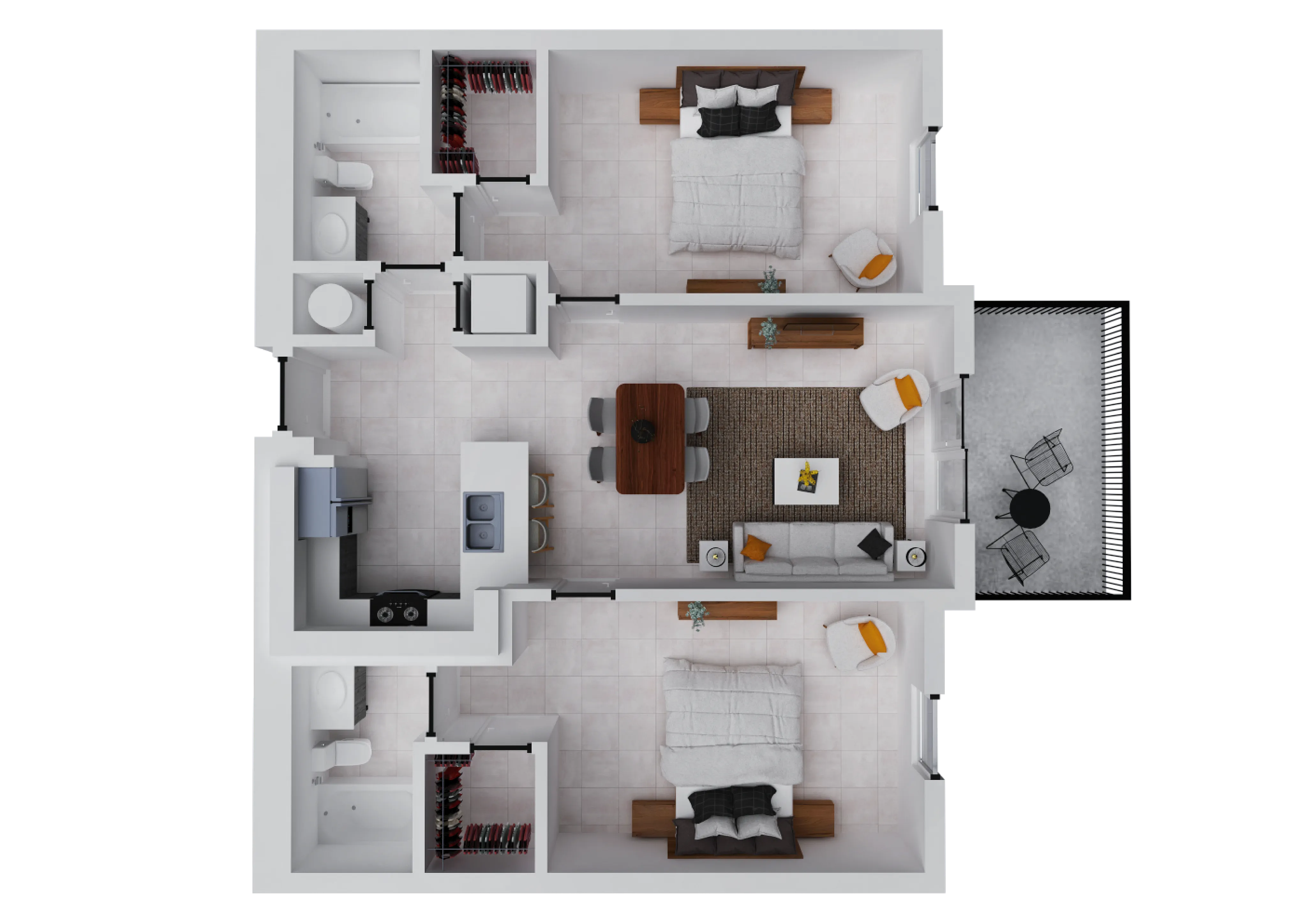 Modern 2D floor plan showcasing 2 spacious bedrooms, an elegant open-concept living and dining area, a well-equipped kitchen, and a stylish balcony for relaxation.